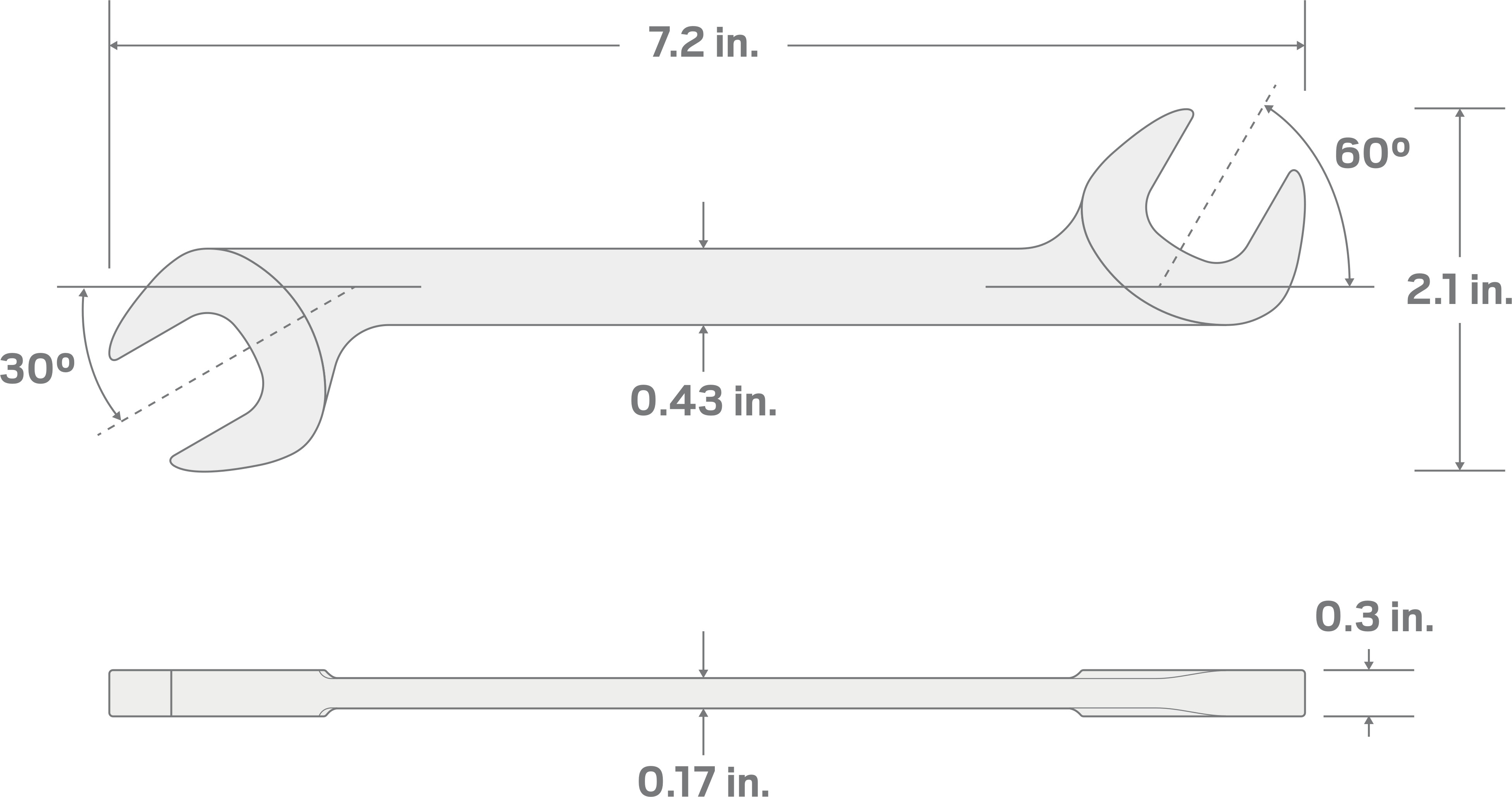 Specs for 9/32 Inch Angle Head Open End Wrench (Chrome Finish)