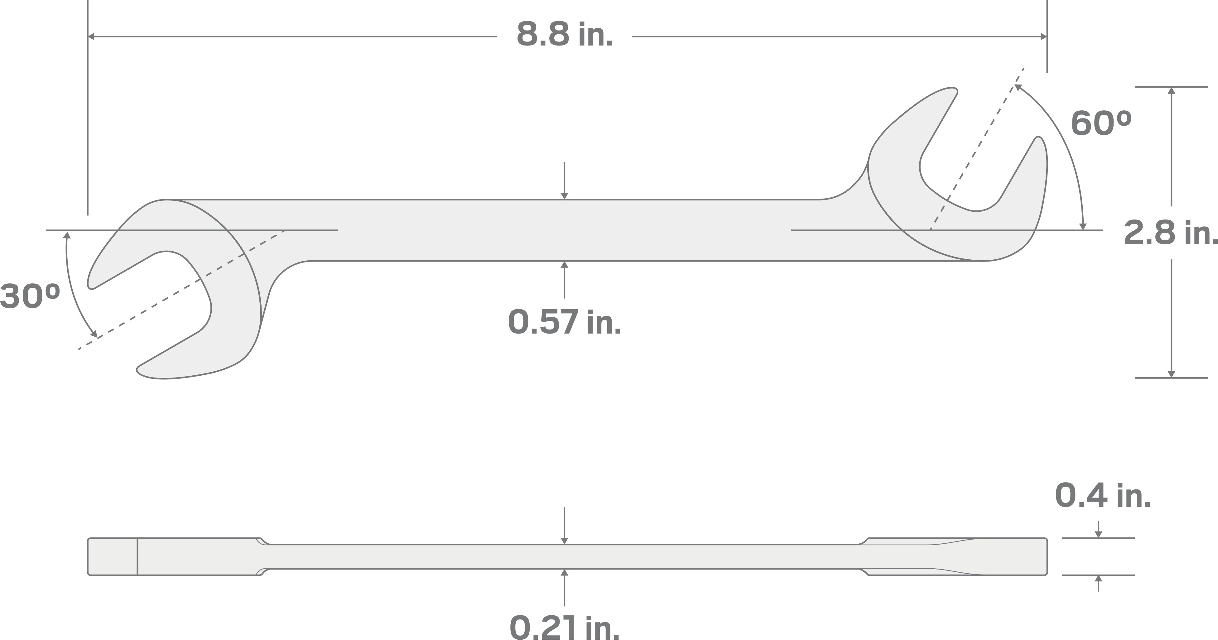 Specs for 13/16 Inch Angle Head Open End Wrench (Chrome Finish)