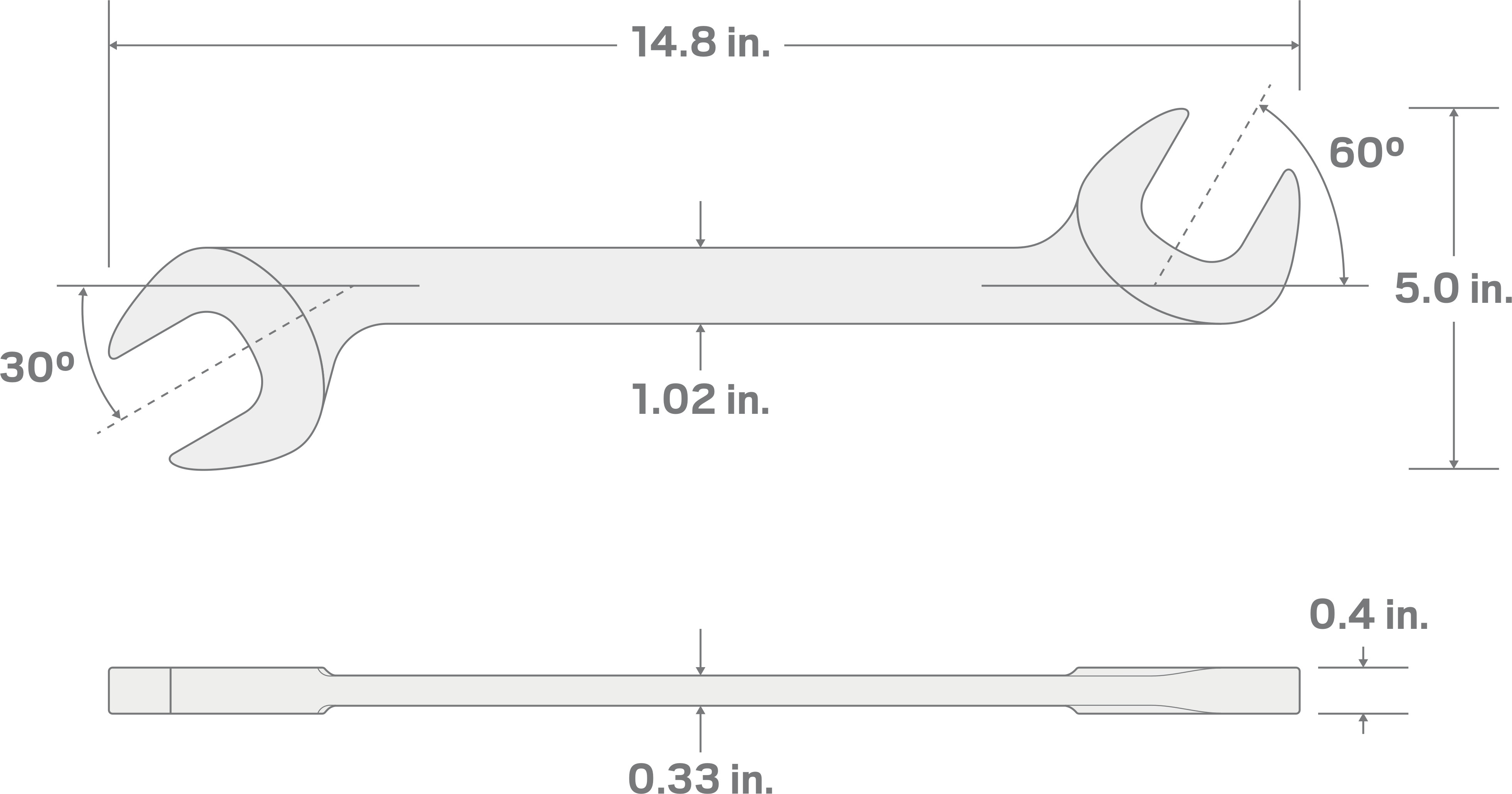 Specs for 1-9/16 Inch Angle Head Open End Wrench (Chrome Finish)