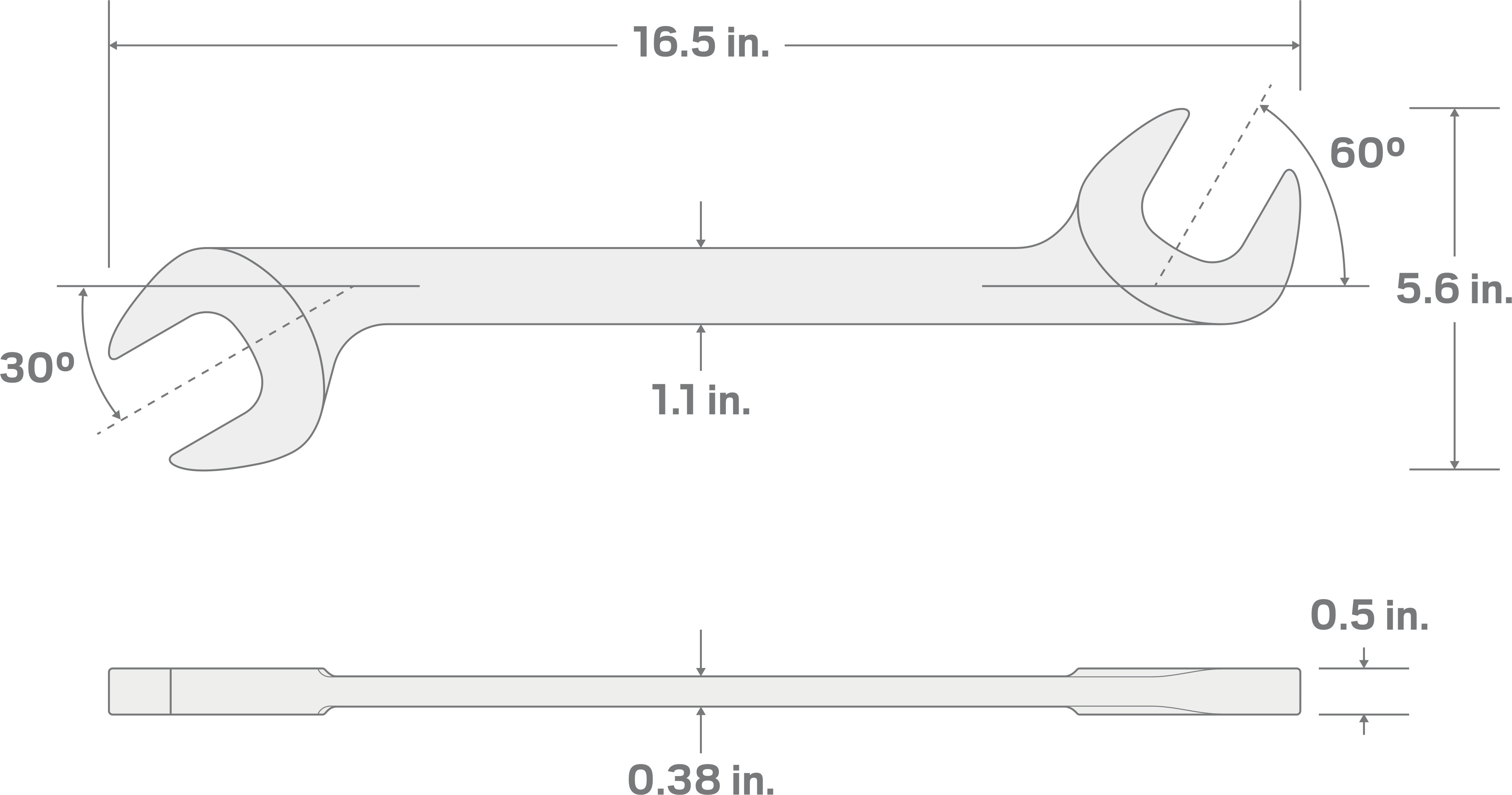 Specs for 1-3/4 Inch Angle Head Open End Wrench (Chrome Finish)