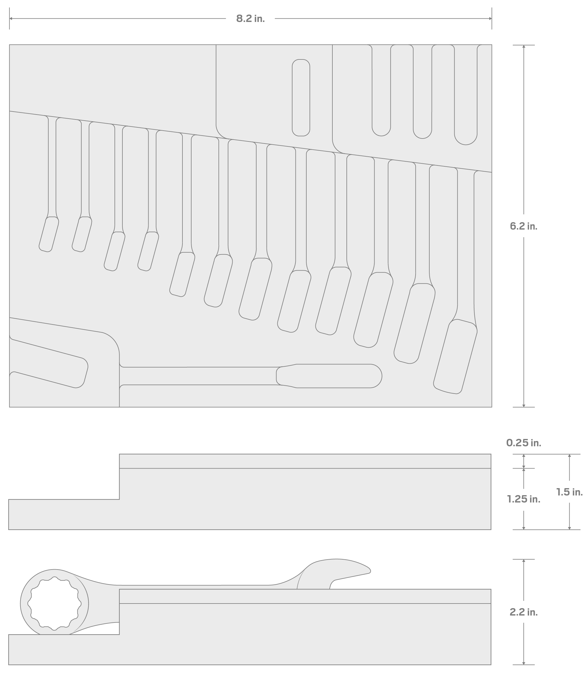 Specs for Stubby Combination Wrench Set with 8 x 6 Inch Foam Organizer, 13-Piece (1/4 - 7/8 in.)