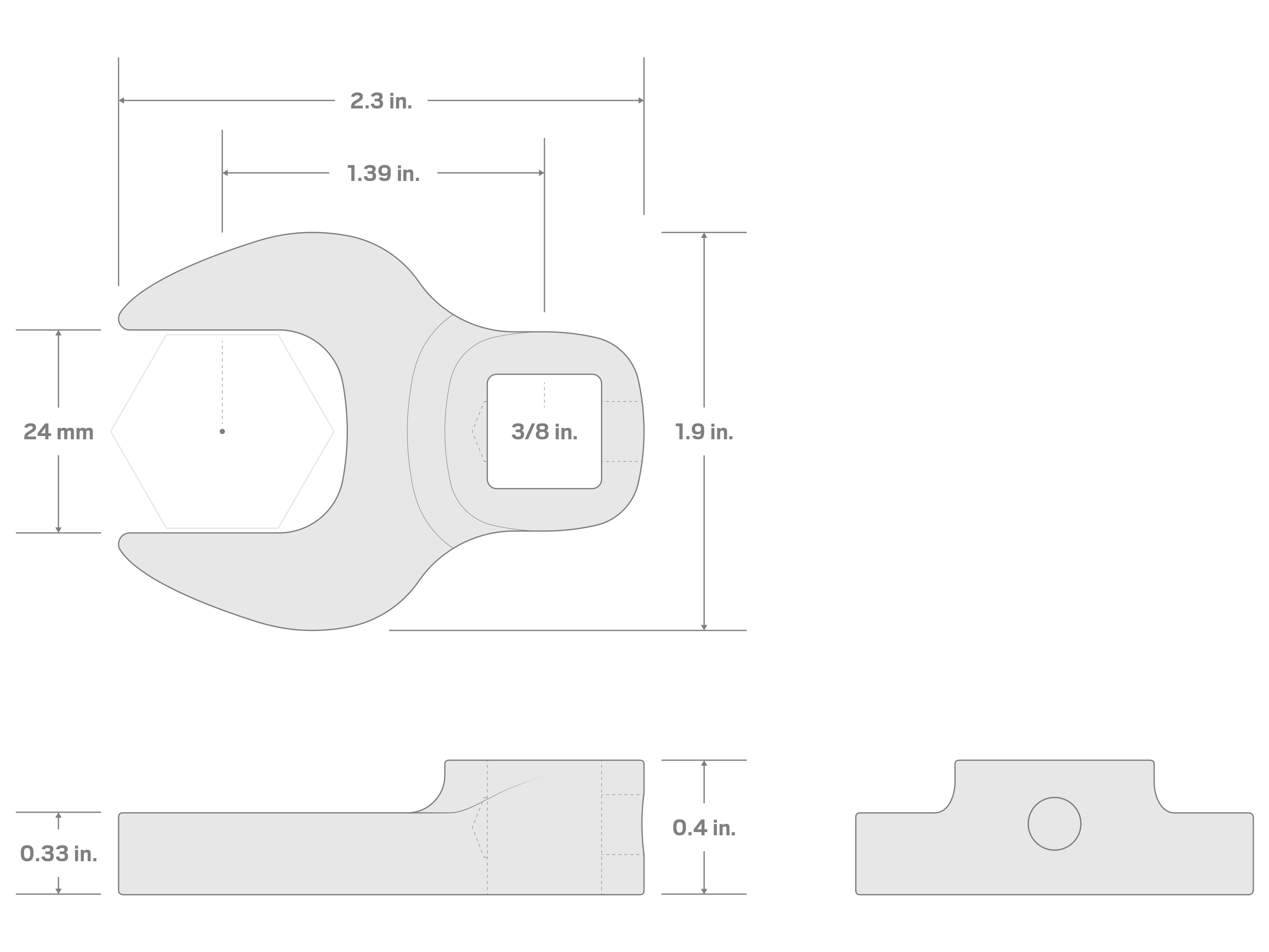 Specs for 3/8 Inch Drive x 24 mm Crowfoot Wrench (Chrome Finish) (Blemished)