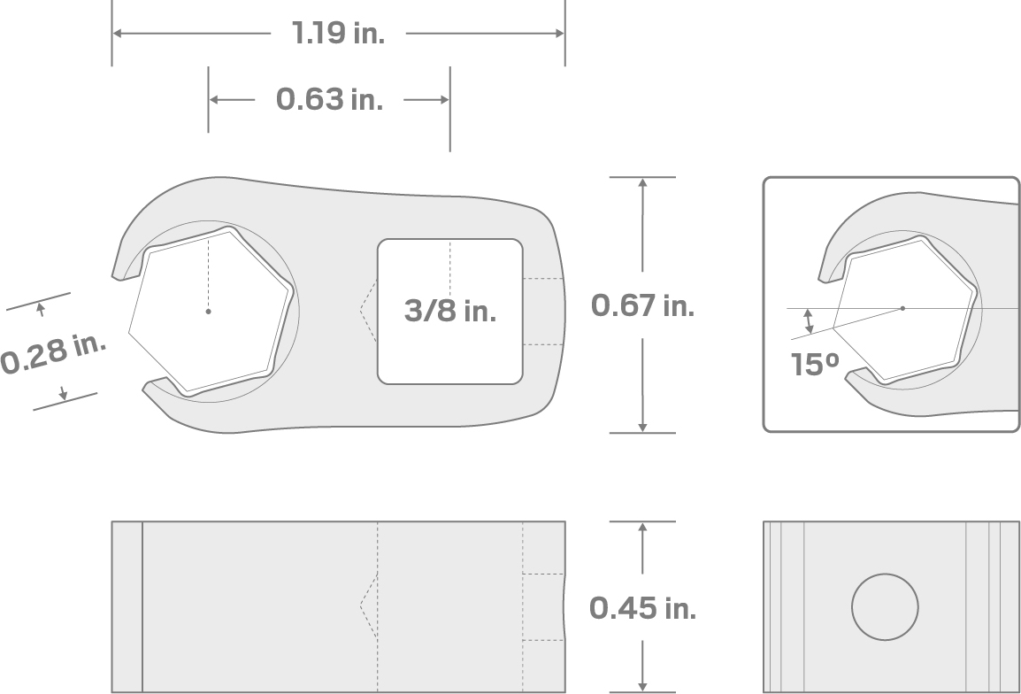 Specs for 3/8 Inch Drive x 3/8 Inch 6-Point Flare Nut Crowfoot Wrench