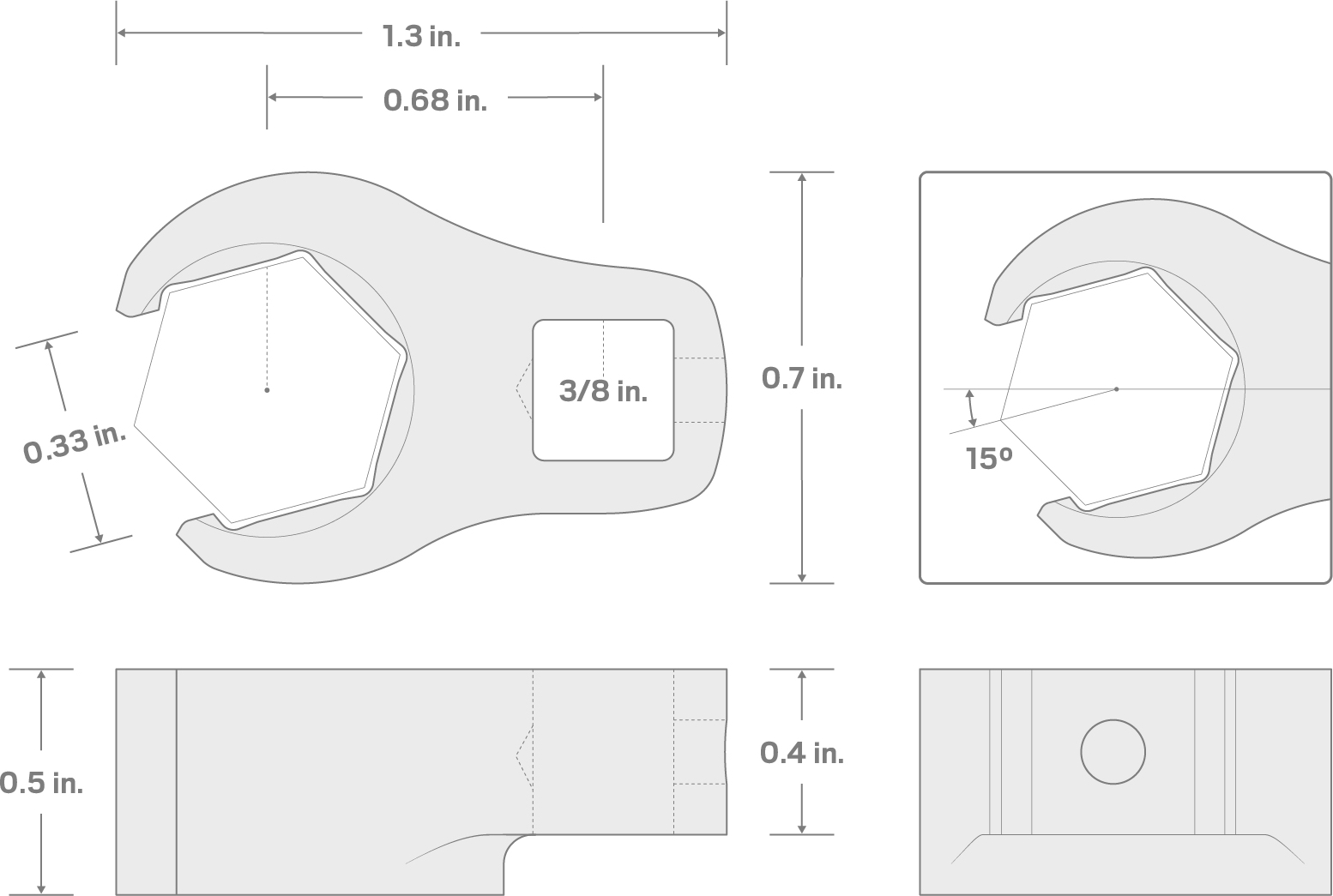 Specs for 3/8 Inch Drive x 7/16 Inch 6-Point Flare Nut Crowfoot Wrench