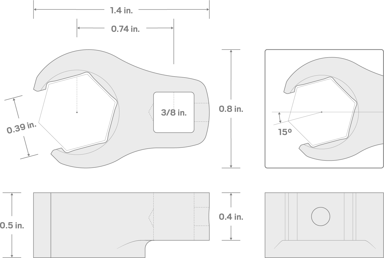 Specs for 3/8 Inch Drive x 1/2 Inch 6-Point Flare Nut Crowfoot Wrench