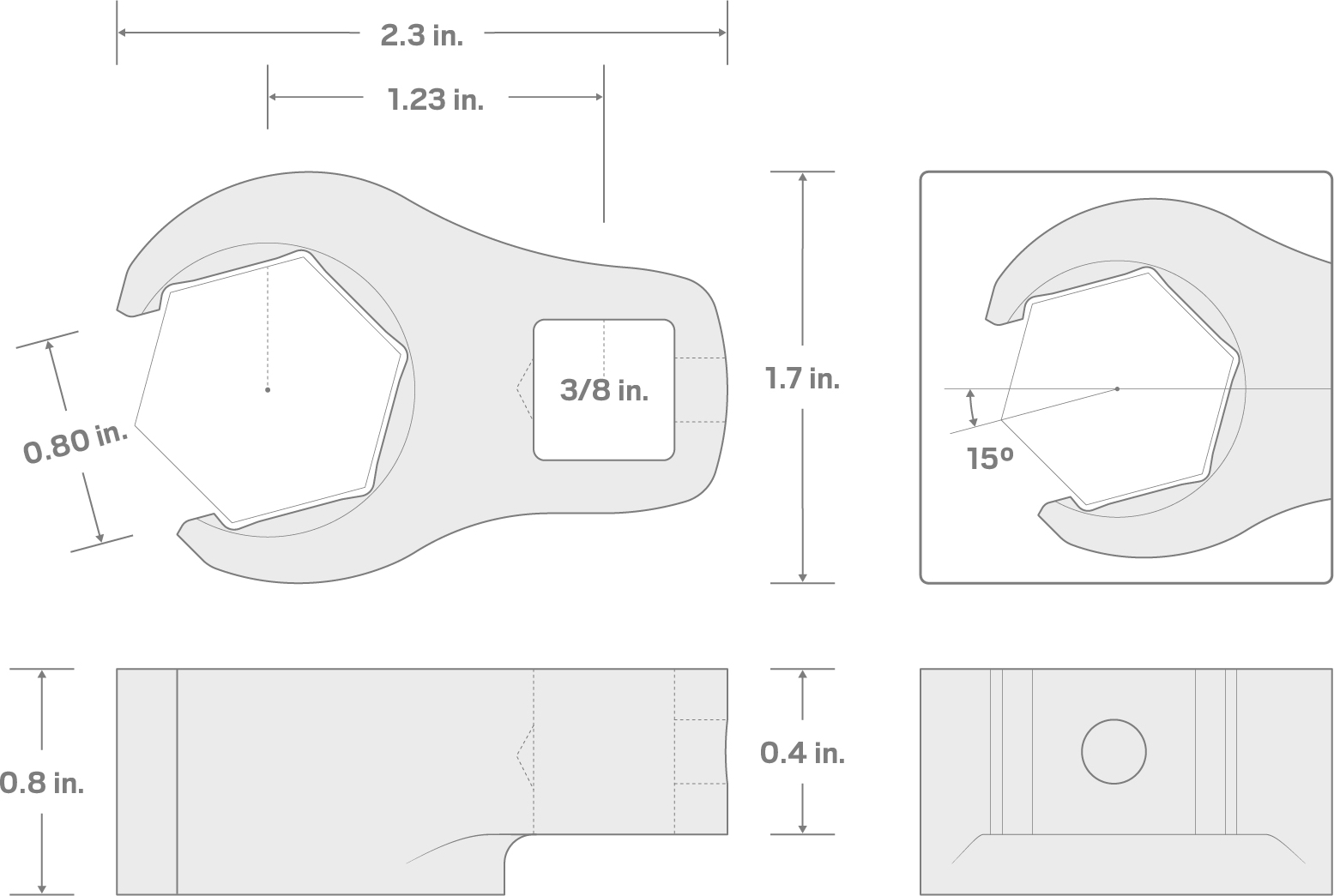 Specs for 3/8 Inch Drive x 1-1/16 Inch 6-Point Flare Nut Crowfoot Wrench