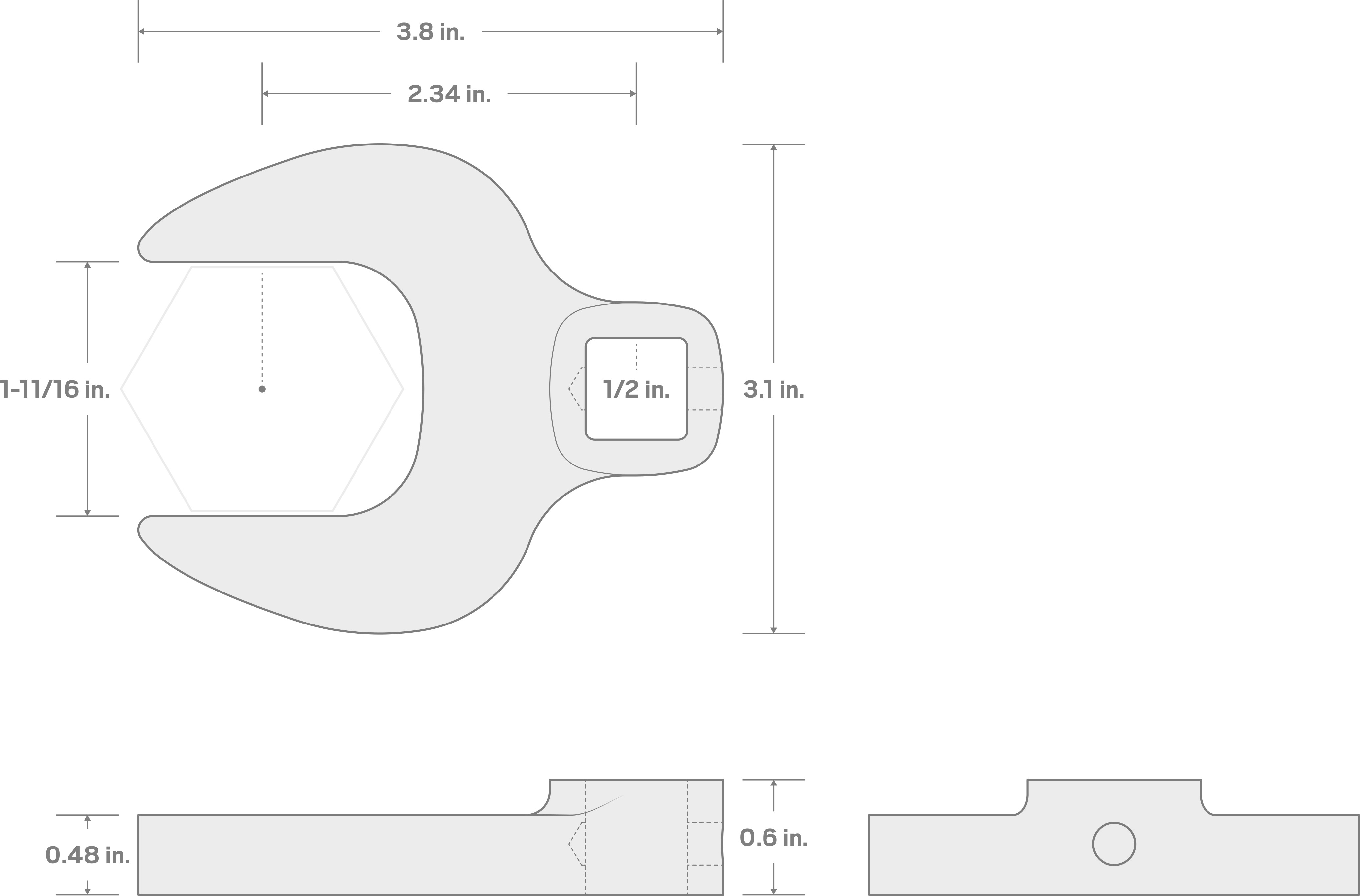 Specs for 1/2 Inch Drive x 1-11/16 Inch Crowfoot Wrench (Chrome Finish)