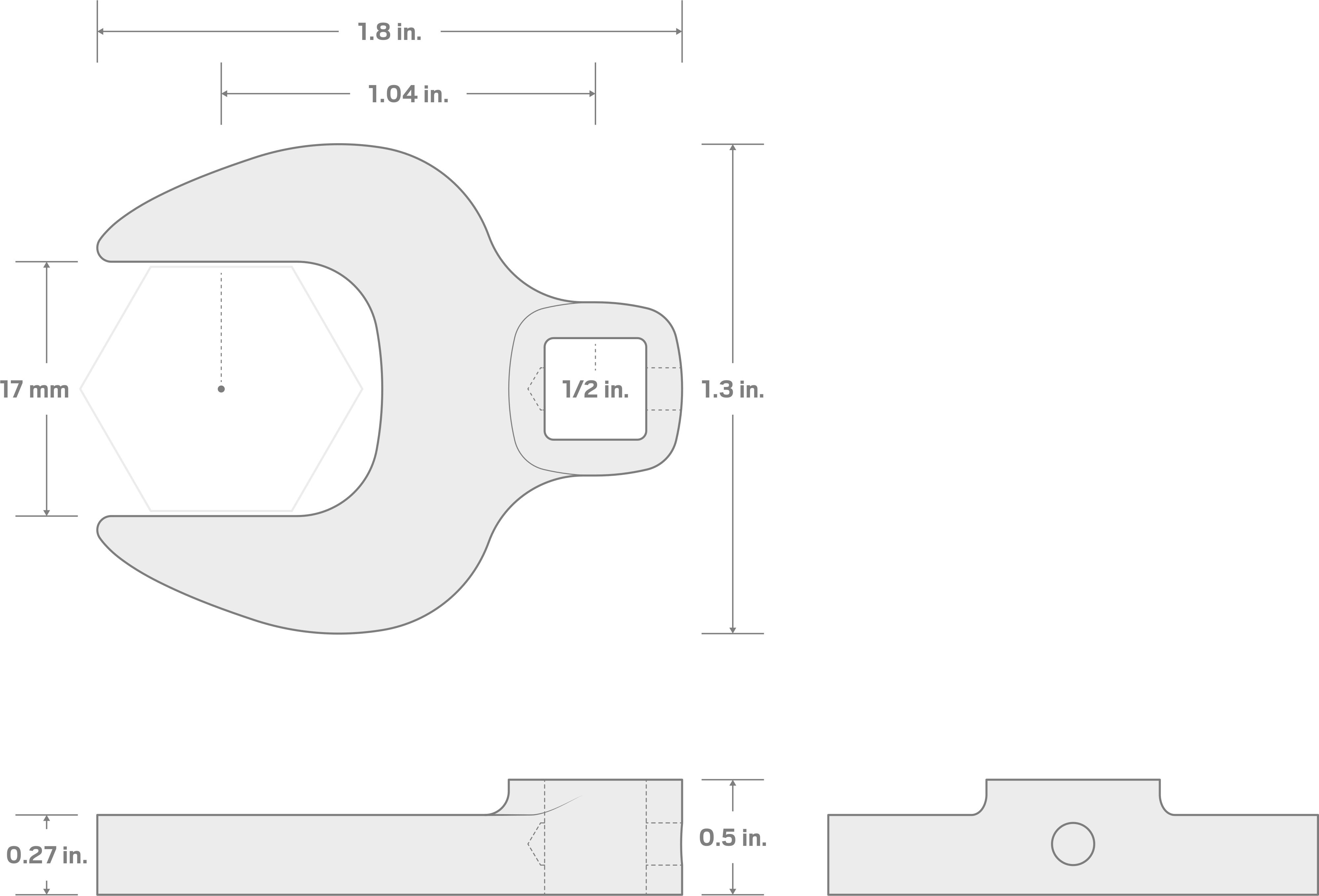 Specs for 1/2 Inch Drive x 17 mm Crowfoot Wrench (Chrome Finish)