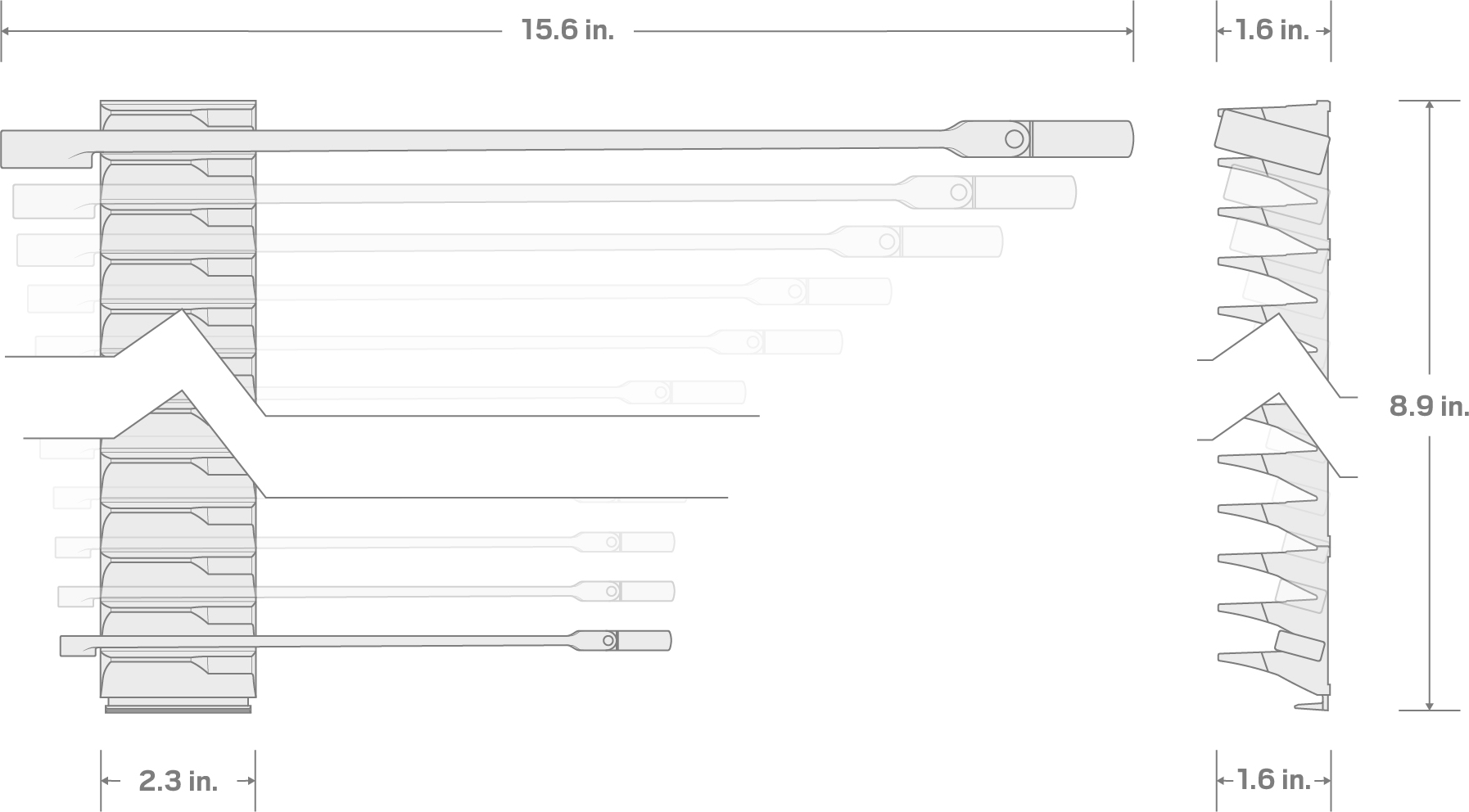 Specs for Long Fixed/Flex Head 12-Point Ratcheting Box End Wrench Set with Modular Organizers, 11-Piece (1/4-3/4 in.)