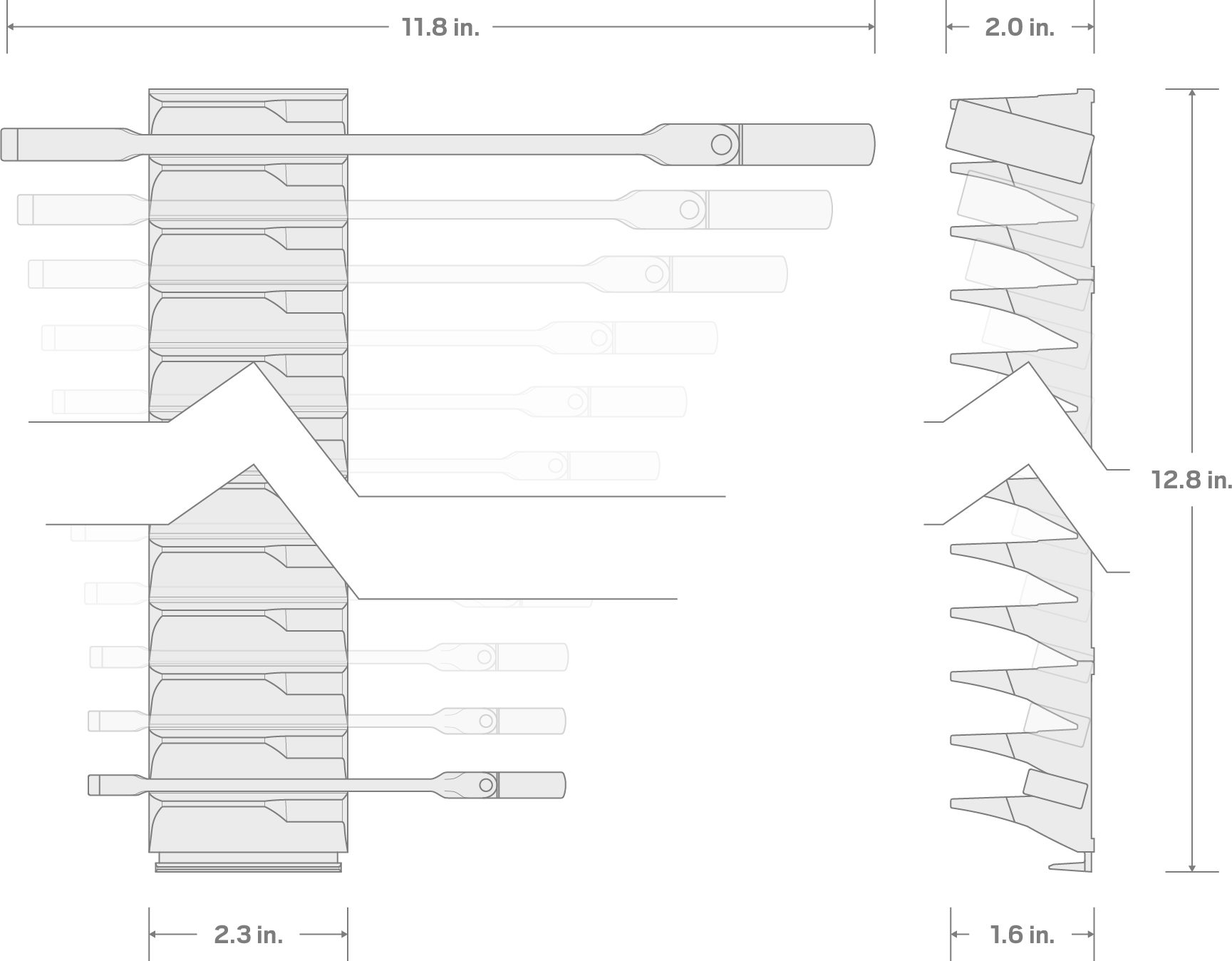 Specs for Flex Head 12-Point Ratcheting Combination Wrench Set with Modular Organizers, 15-Piece (1/4-1 in.)