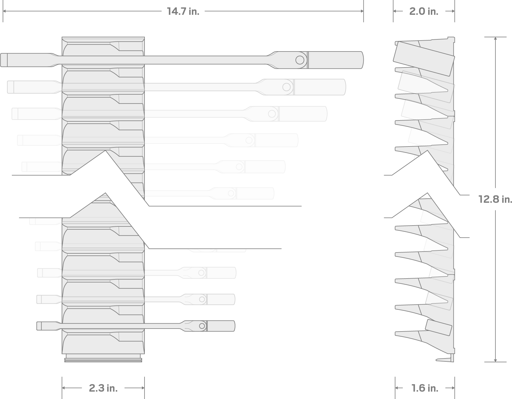 Specs for Flex Head 12-Point Ratcheting Combination Wrench Set with Modular Organizers, 19-Piece (6-24 mm)