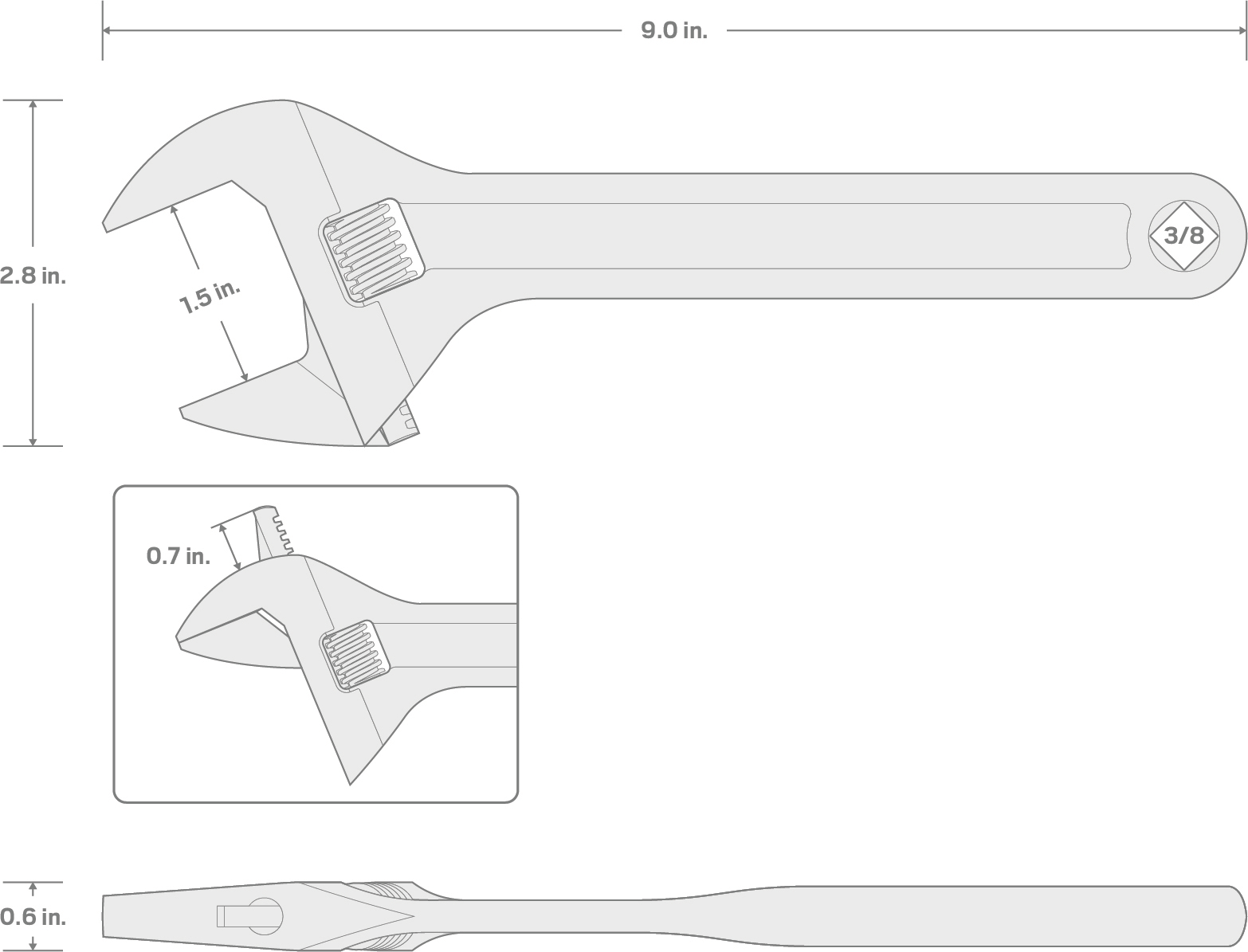 Specs for 9 Inch Adjustable Wrench (1-1/2 in. Jaw Capacity)