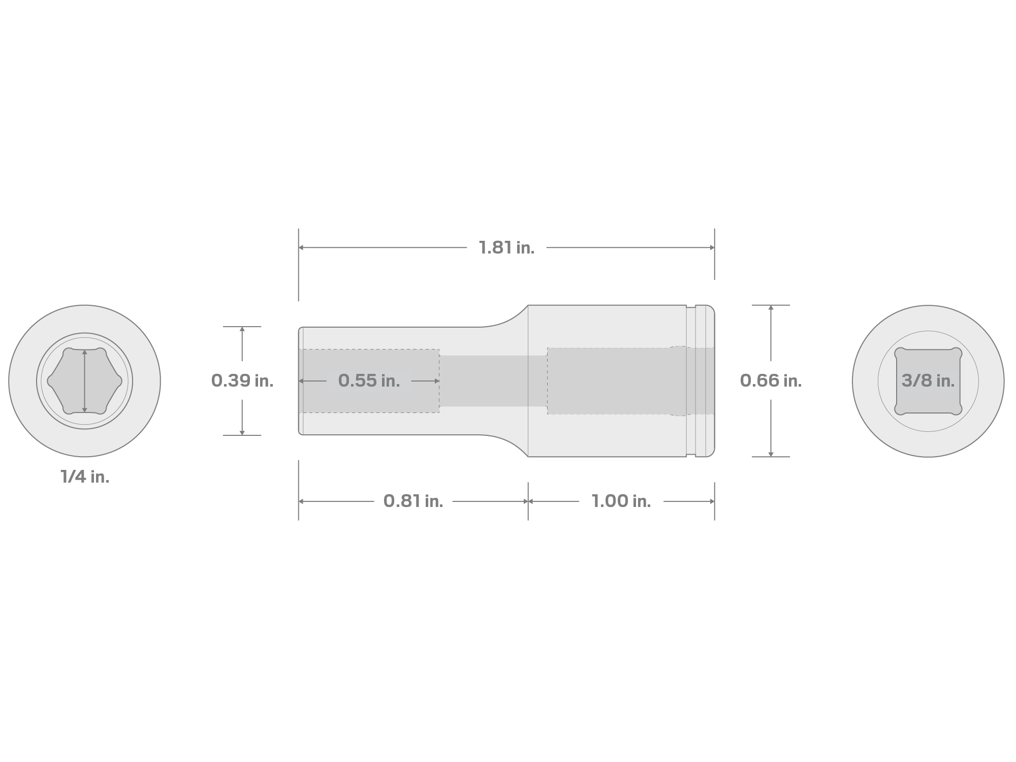Specs for 3/8 Inch Drive x 1/4 Inch 6-Point Semi-Deep Socket (Incorrect Shoulder Height)