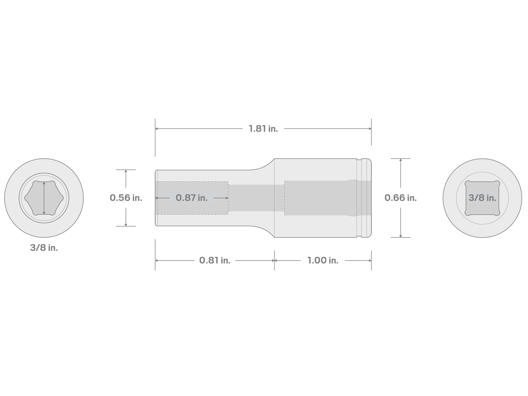 Specs for 3/8 Inch Drive x 3/8 Inch 6-Point Semi-Deep Socket (Incorrect Shoulder Height)