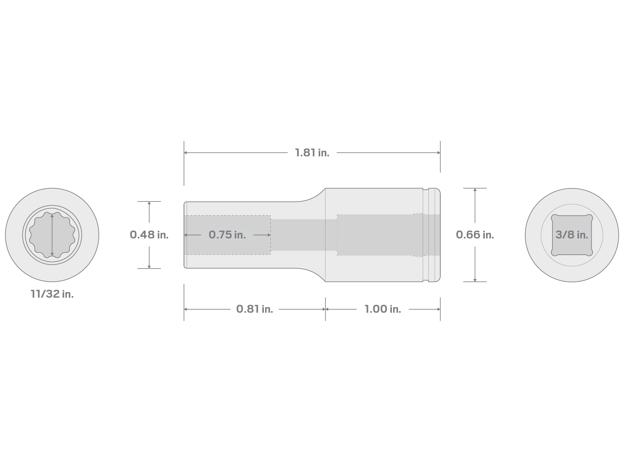 Specs for 3/8 Inch Drive x 11/32 Inch 12-Point Semi-Deep Socket (Incorrect Shoulder Height)