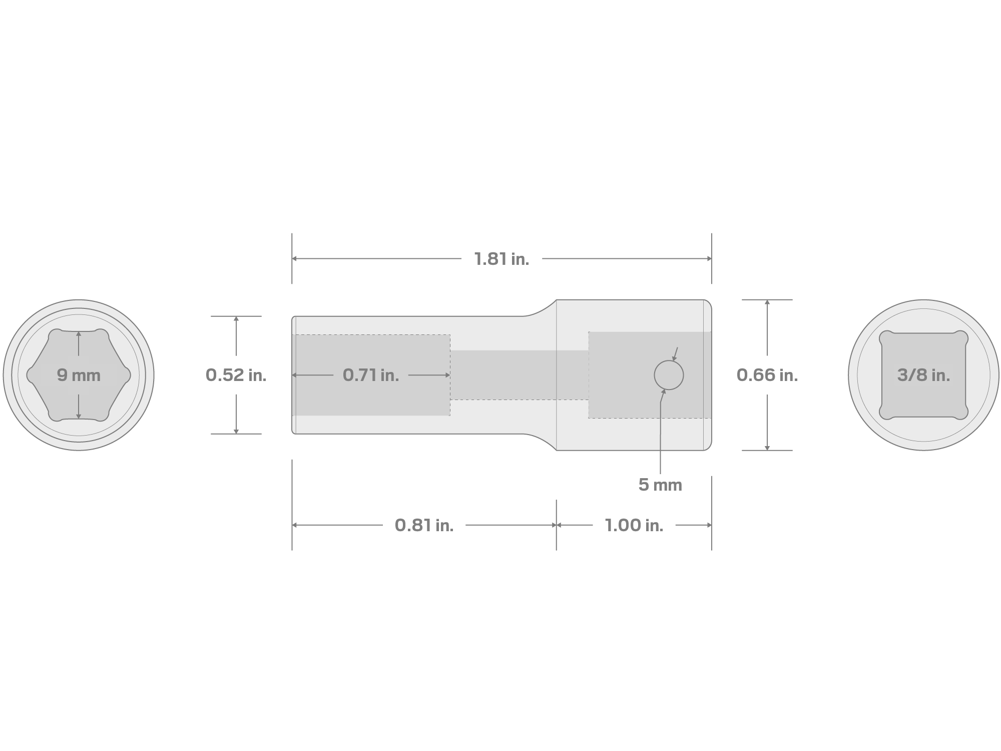 Specs for 3/8 Inch Drive x 9 mm Semi-Deep 6-Point Impact Socket