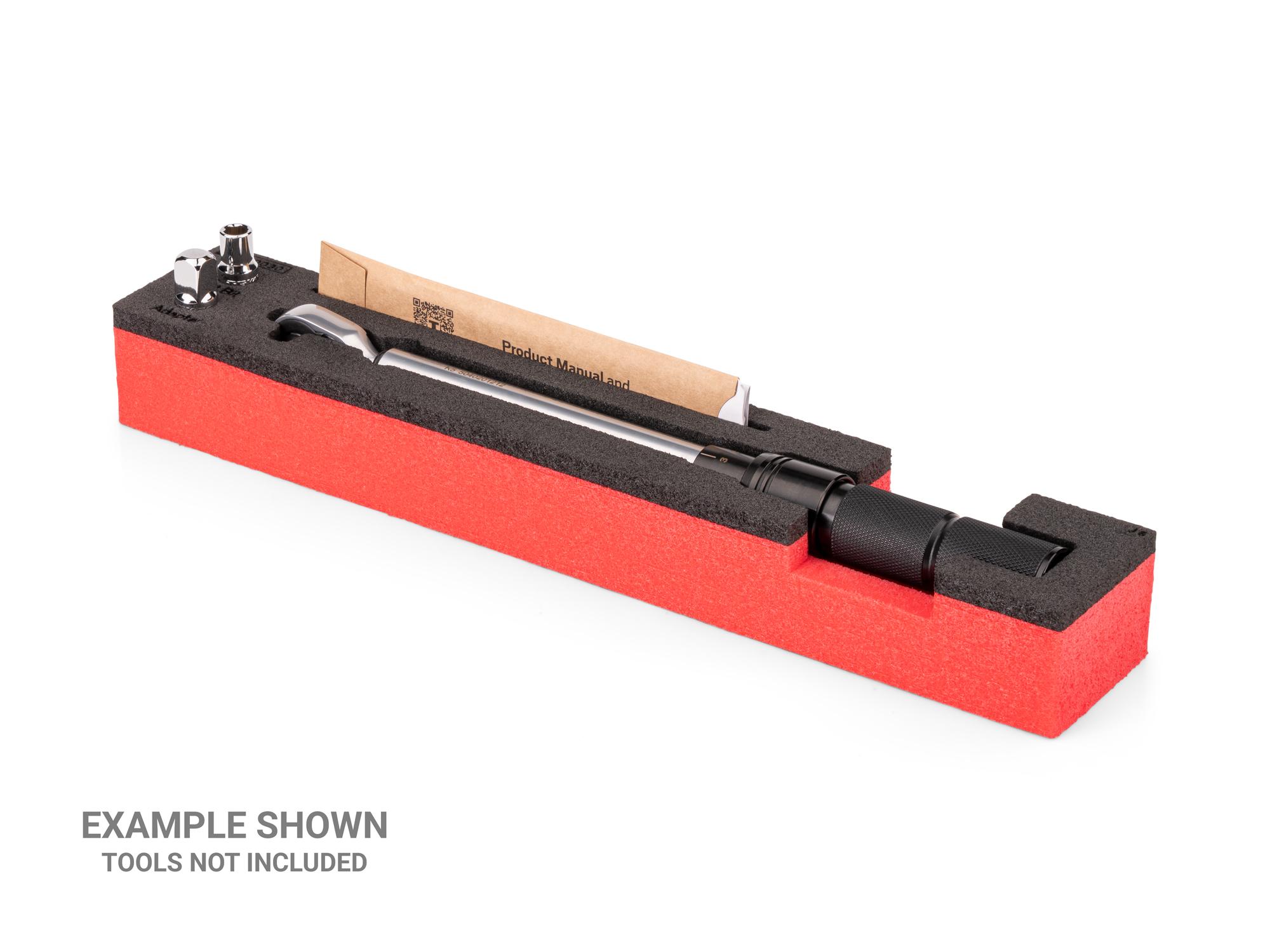 Angled view of black Tekton 1/4 inch micrometer torque wrench foam organizer. Example image; tools not included. F00030KR