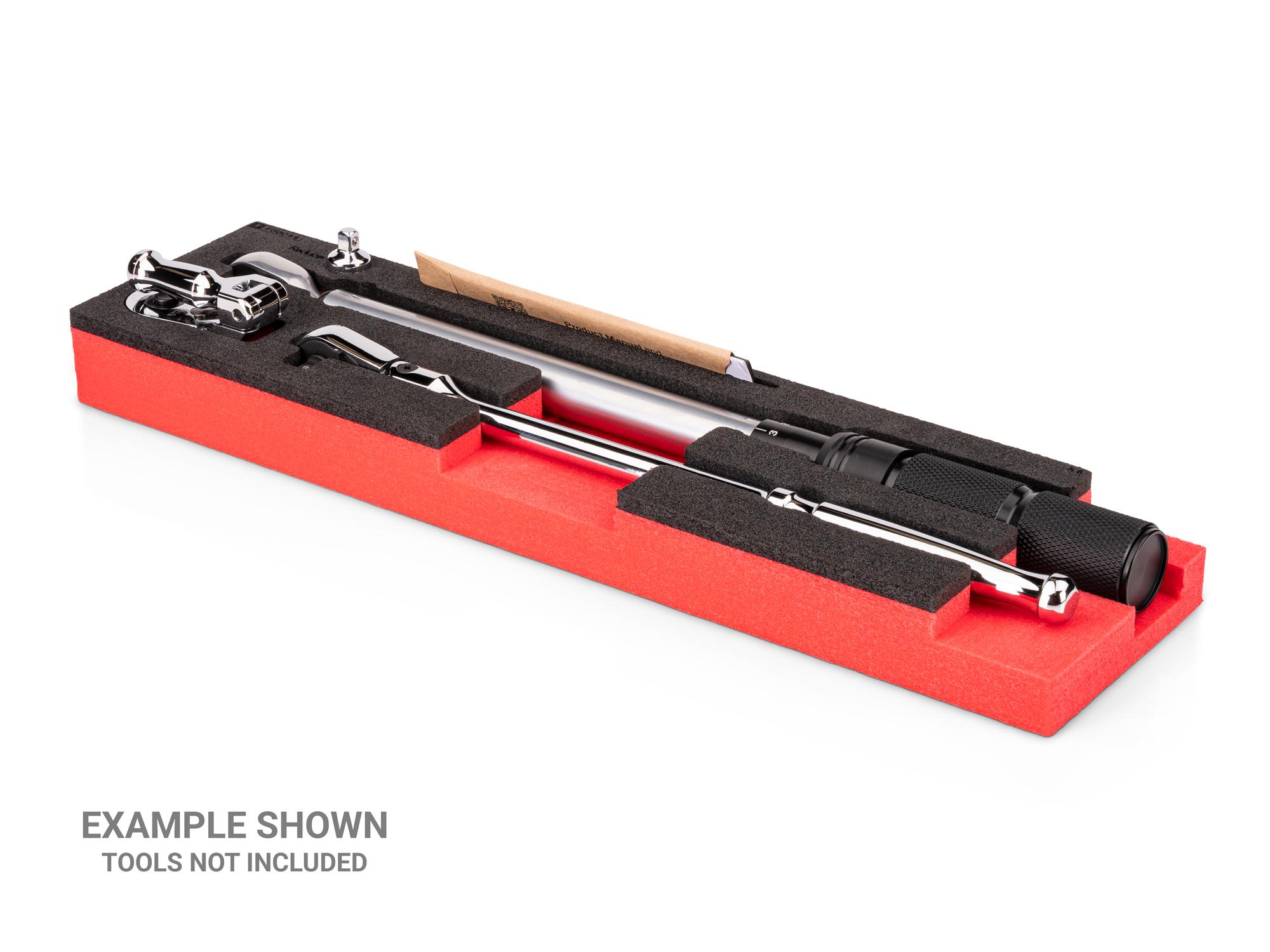 Angled view of black Tekton 3/8 inch drive torque wrench and ratchets set foam organizer. F00044KR