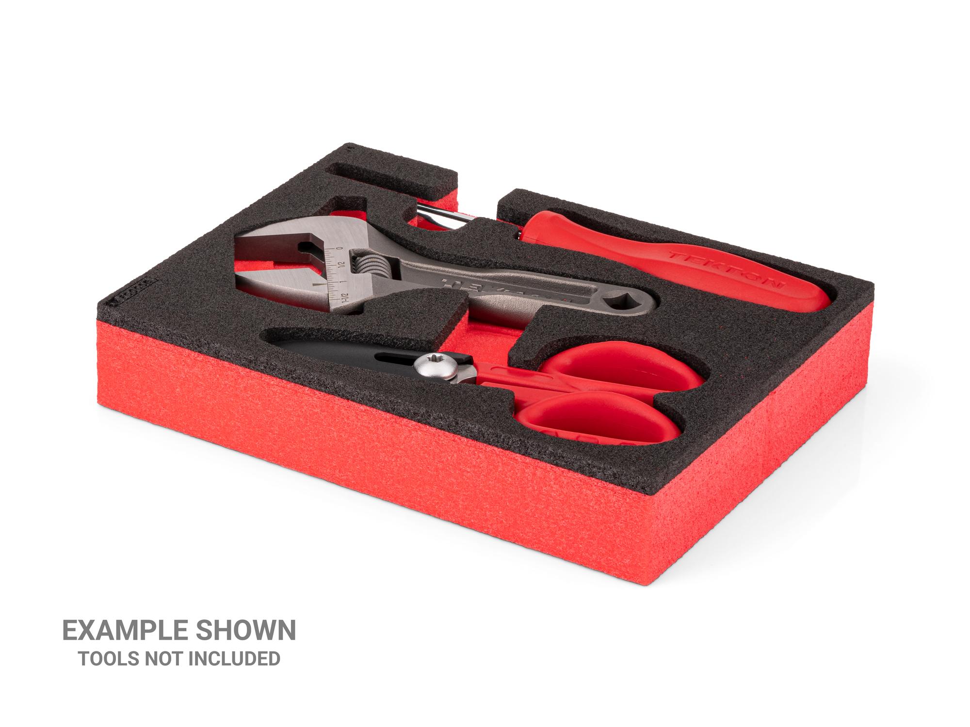 Angled view of black Tekton 6-in-1 driver, scissors, and adjustable wrench foam organizer. F00056KR