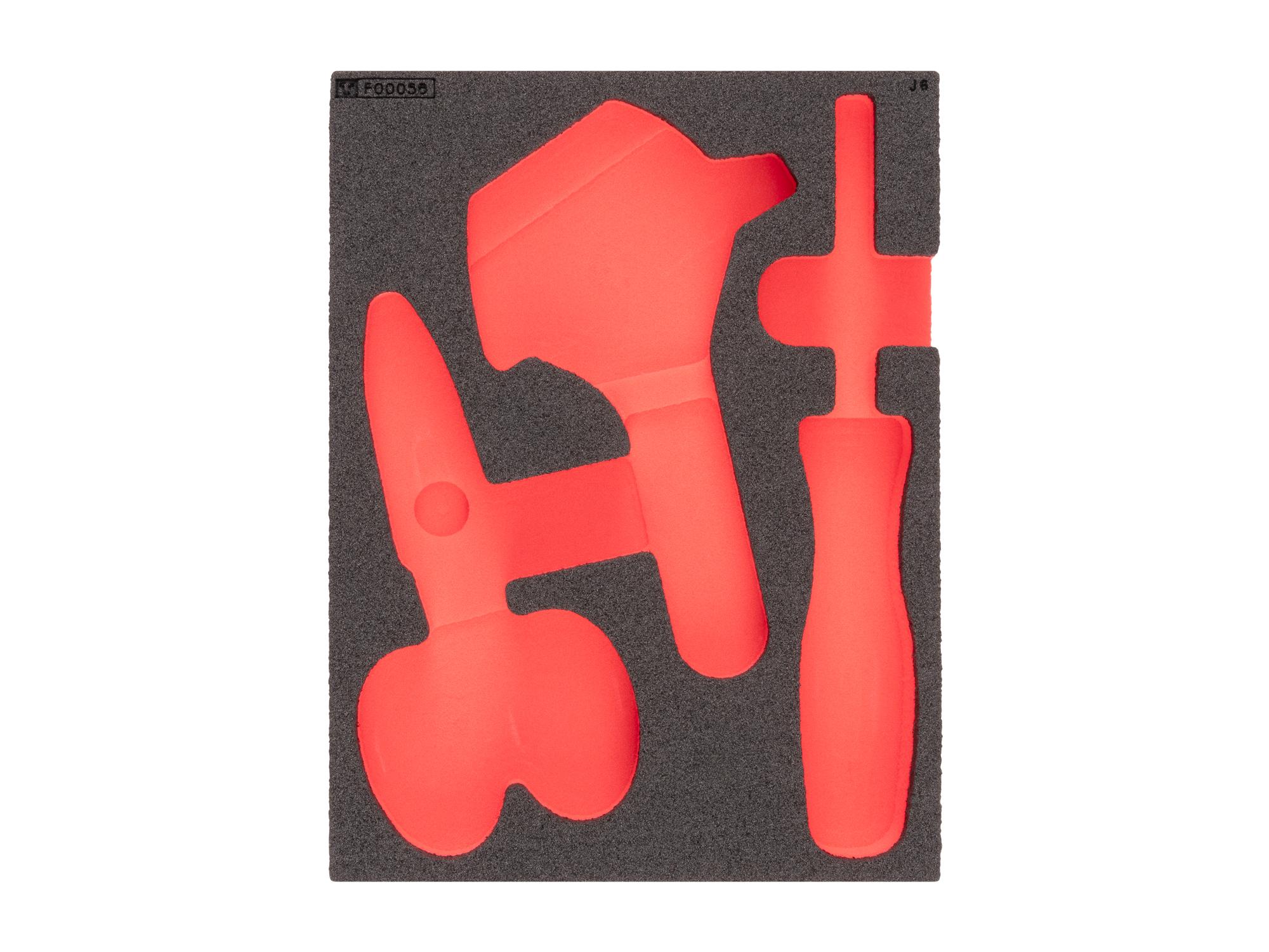 Top view of black Tekton driver, scissors, and adjustable wrench set foam organizer. F00056KR