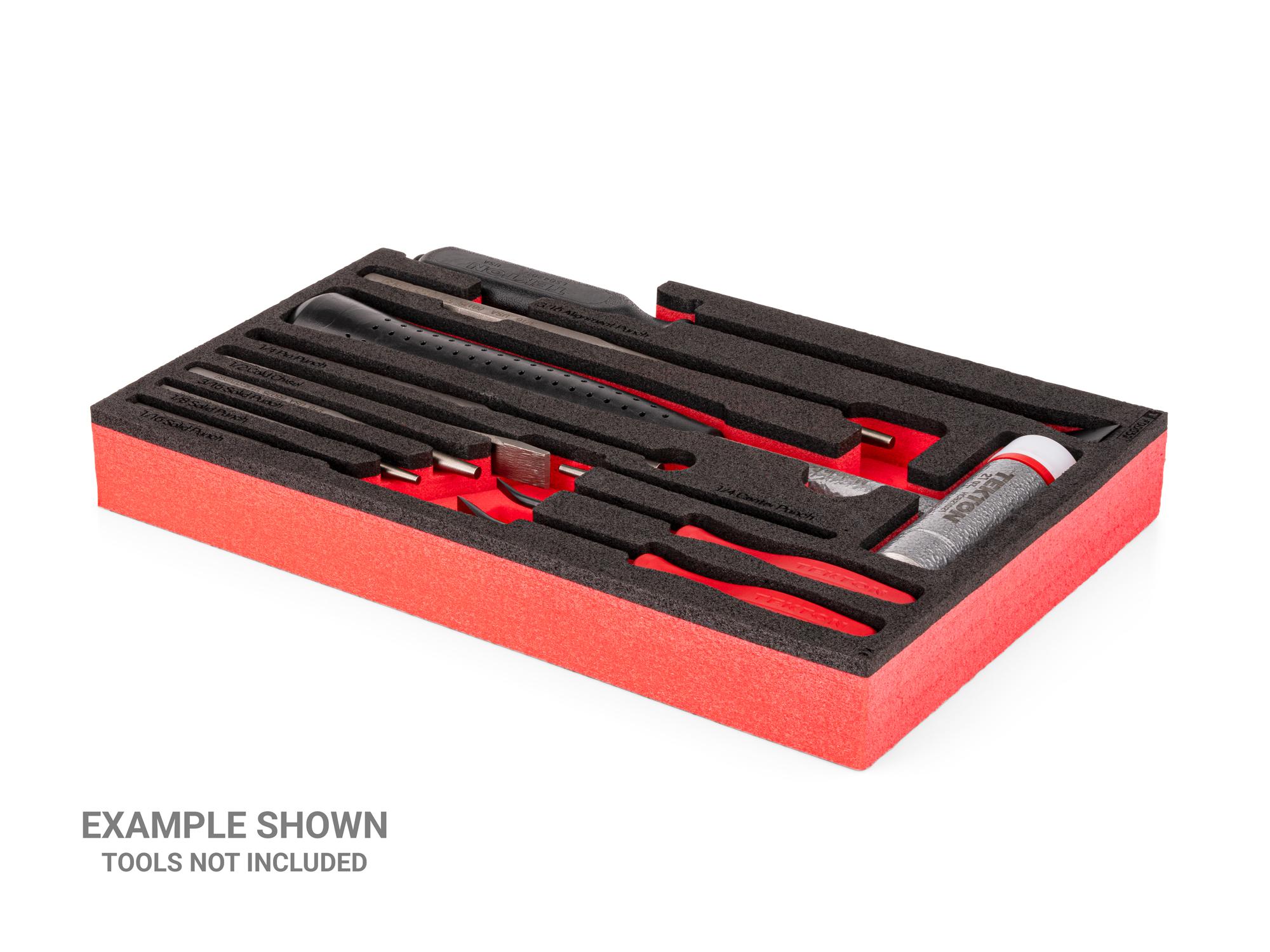 Angled view of black Tekton hammers, pry bars, punches, and chisels set foam organizer. F00059KR