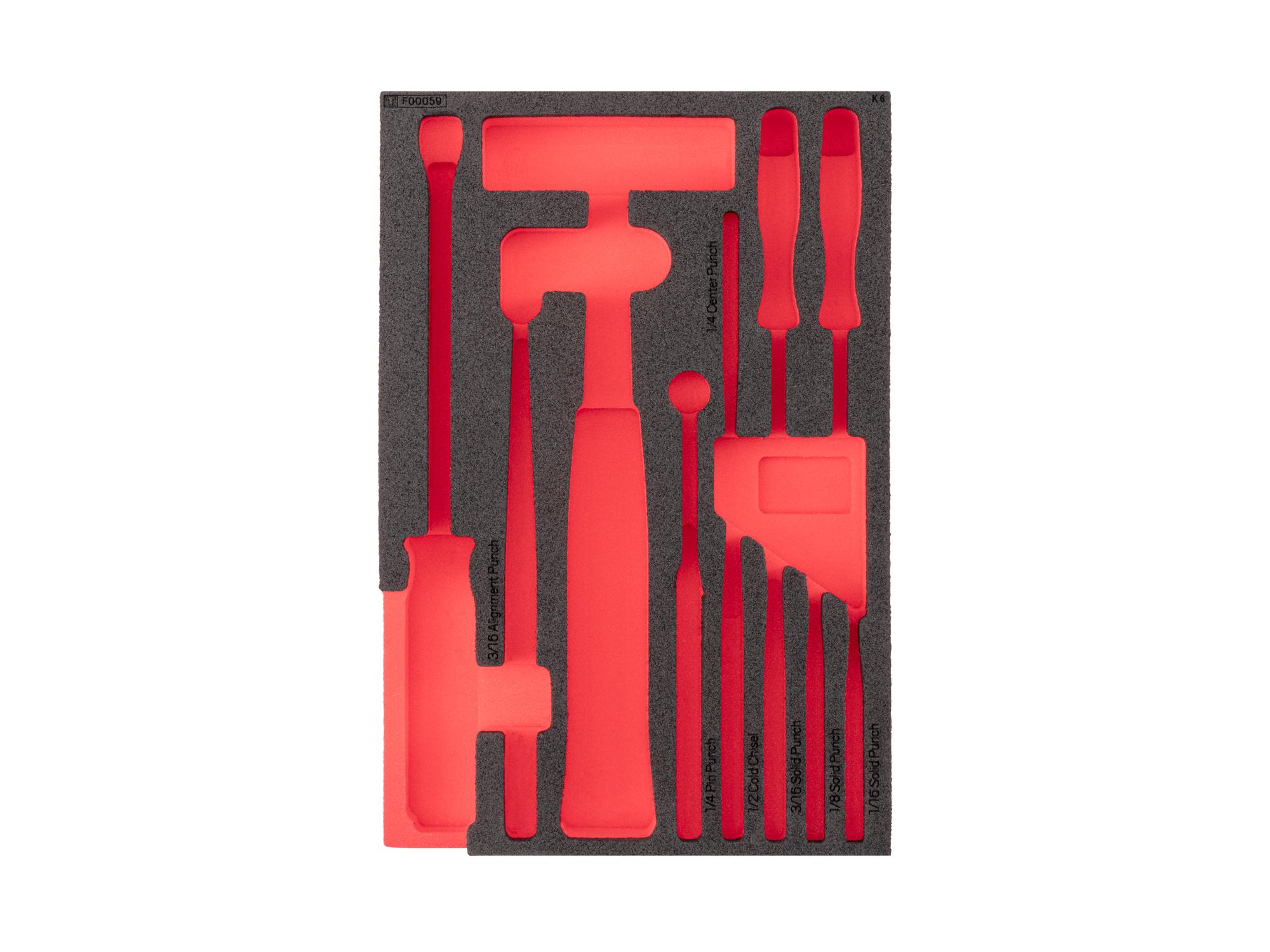 Top view of black Tekton hammers, pry bars, punches, and chisels set foam organizer. F00059KR