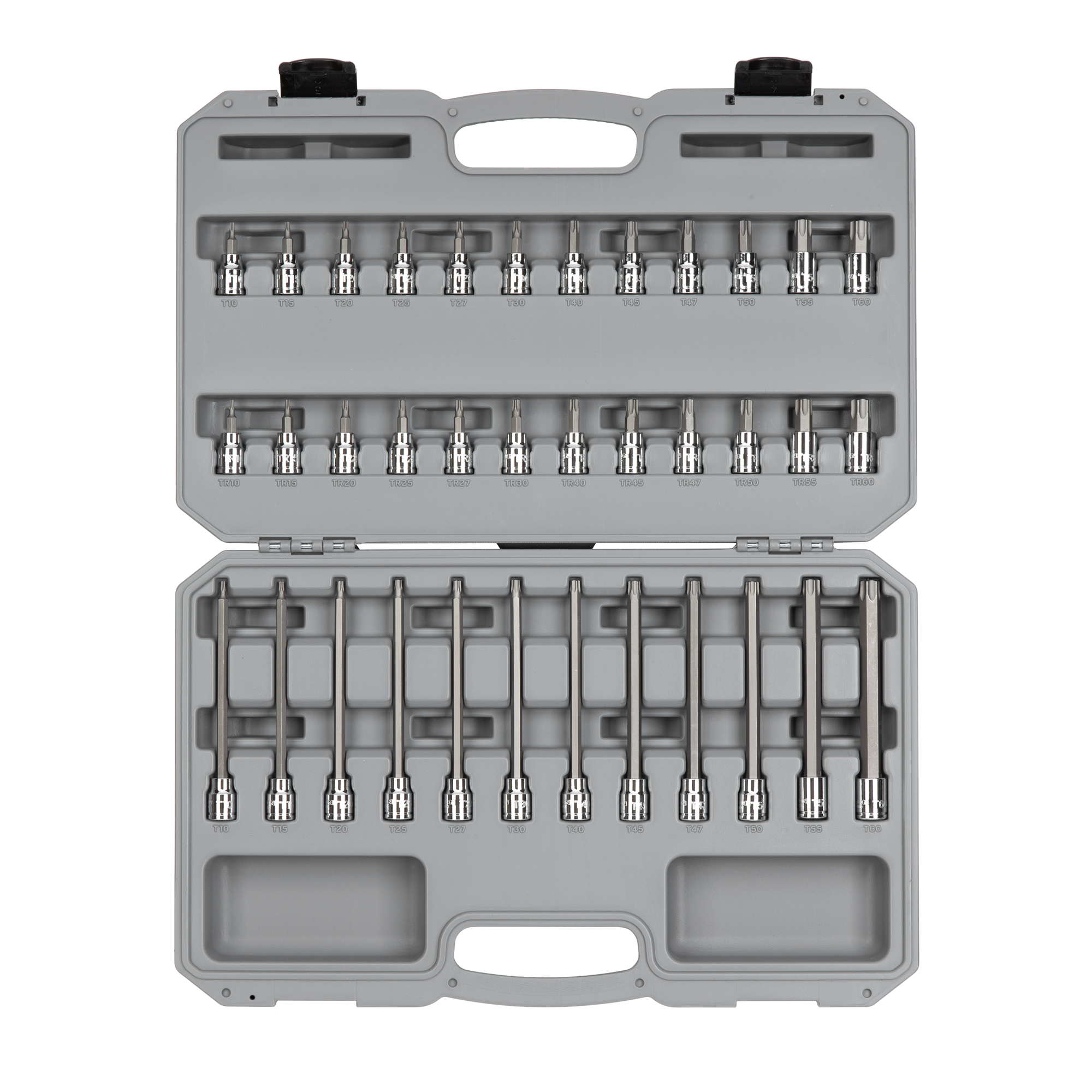 Includes: Torx (T10-T60), TR Torx (TR10-TR60) chrome bit sockets. Short and long bits are pressed directly into the socket. Comes with storage case. SHB91308.