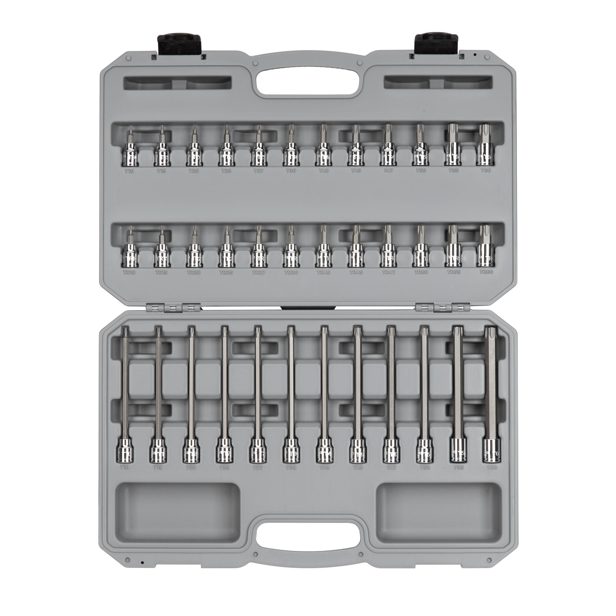 Includes: Torx (T10-T60), TR Torx (TR10-TR60) chrome bit sockets. Short and long bits are pressed directly into the socket. Comes with storage case. SHB91308.