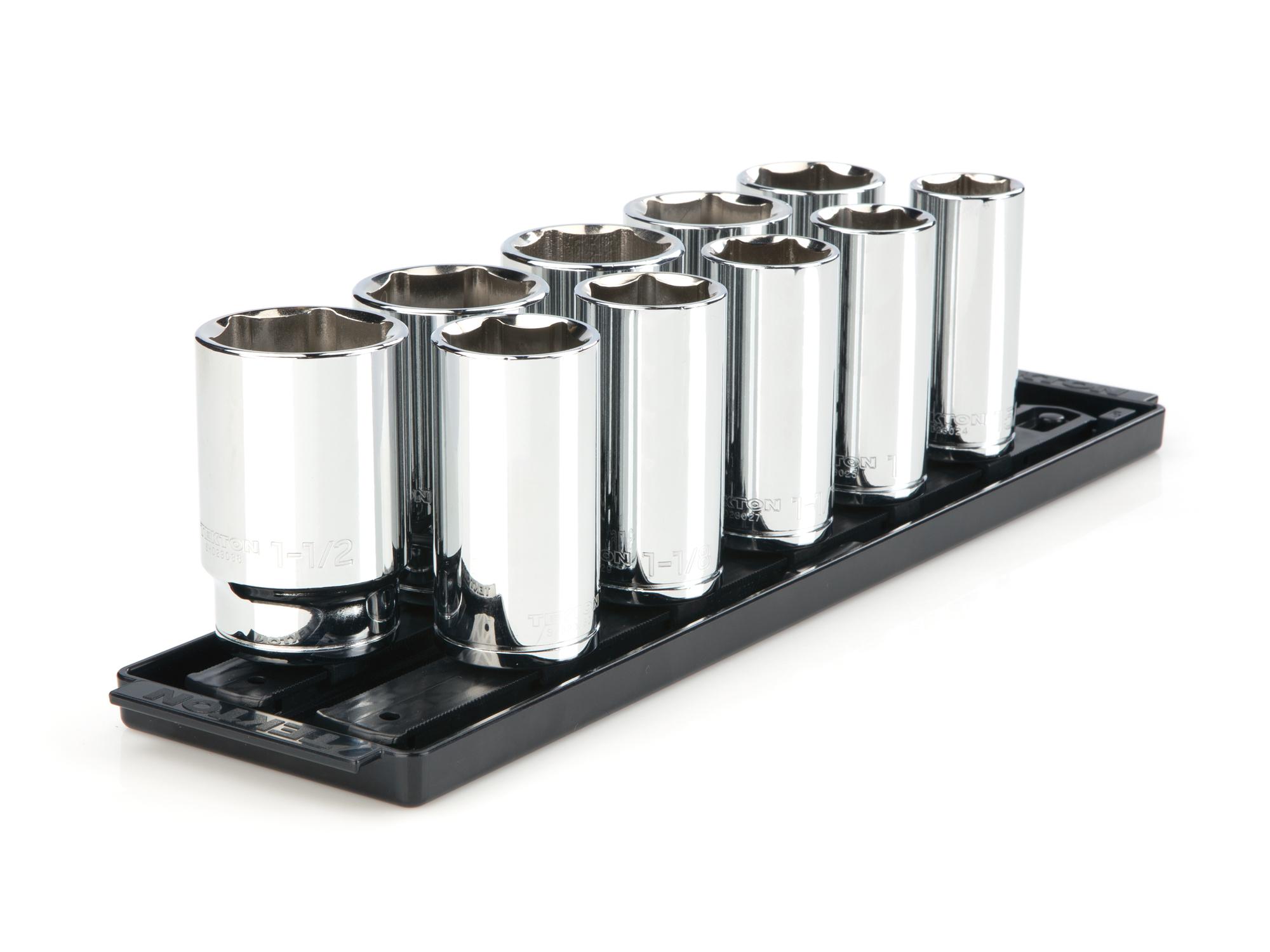 Front-right angle view of Tekton rail hand drive 6-point socket set. Item #SHD92113
