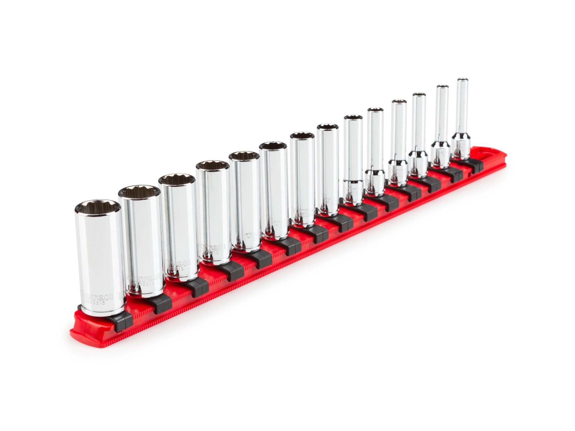 Front-right angle view of Tekton rail hand drive 12-point socket set. Item #SHD90114