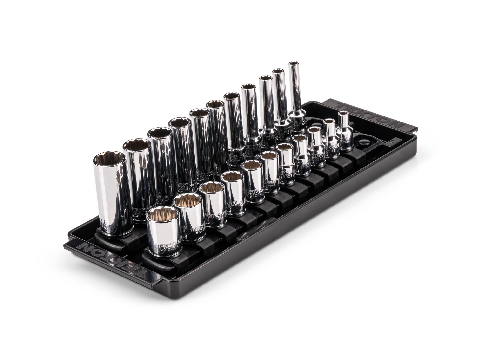 1/4 Inch Drive Shallow and Deep 12-Point Socket Set with Rails and Tray (22-Piece)