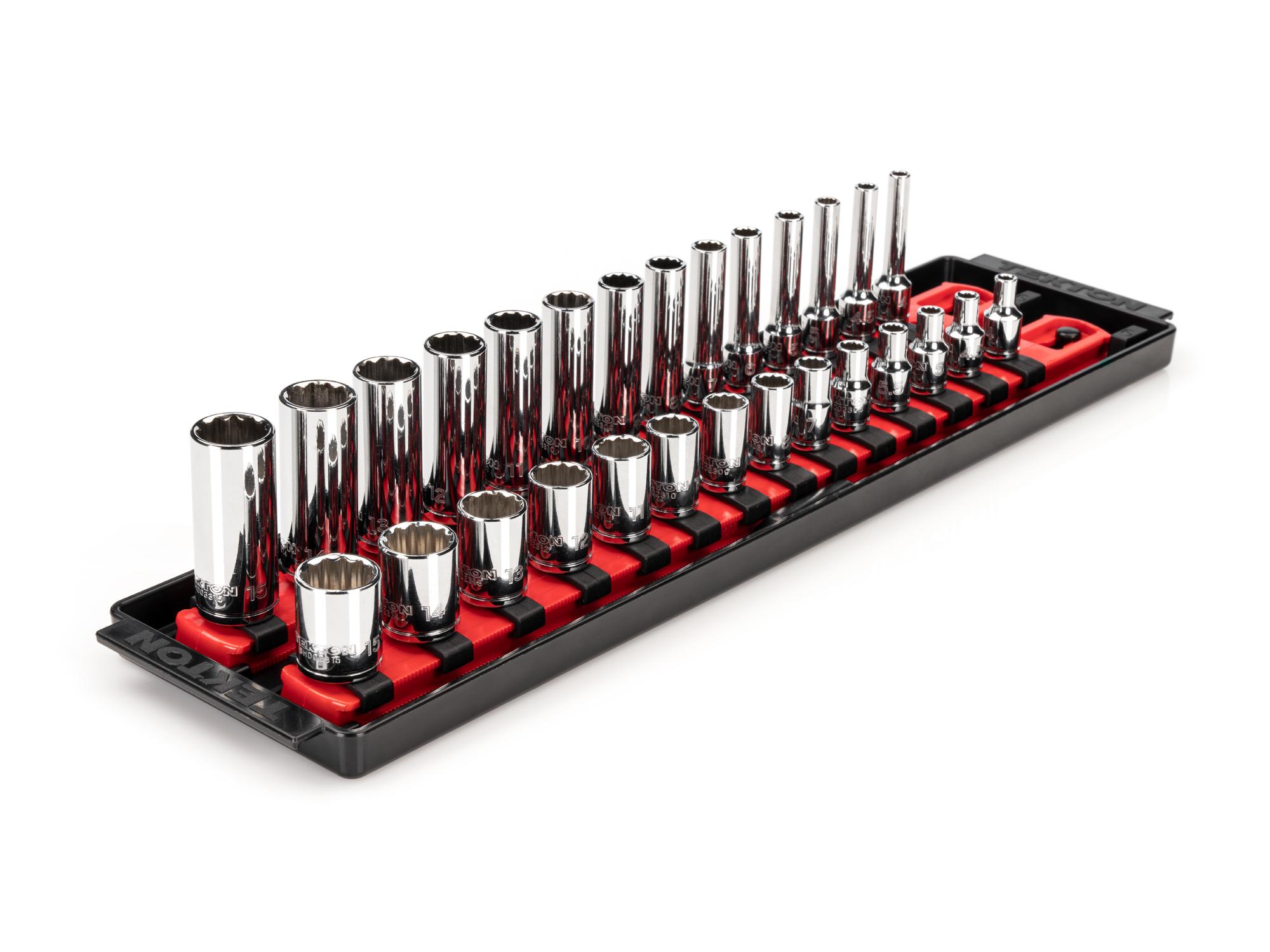 1/4 Inch Drive Shallow and Deep 12-Point Socket Set with Rails and Tray (28-Piece)