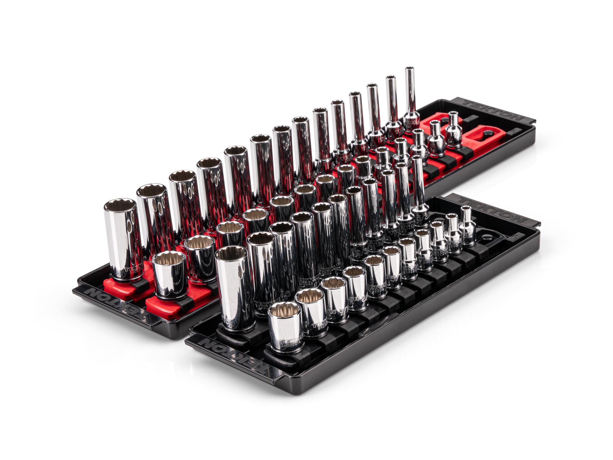 1/4 Inch Drive Shallow and Deep 12-Point Socket Set with Rails and Trays (50-Piece)