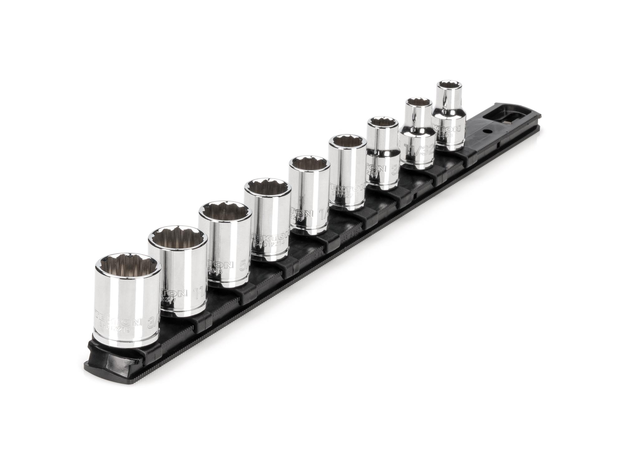 Front-right angle view of Tekton rail hand drive 12-point socket set. Item #SHD91103