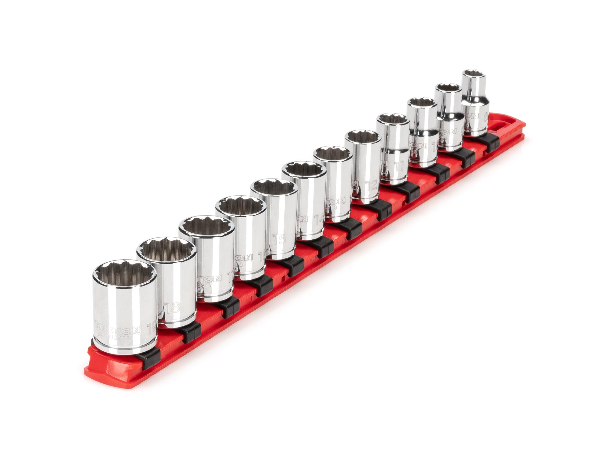 Front-right angle view of Tekton rail hand drive 12-point socket set. Item #SHD91104