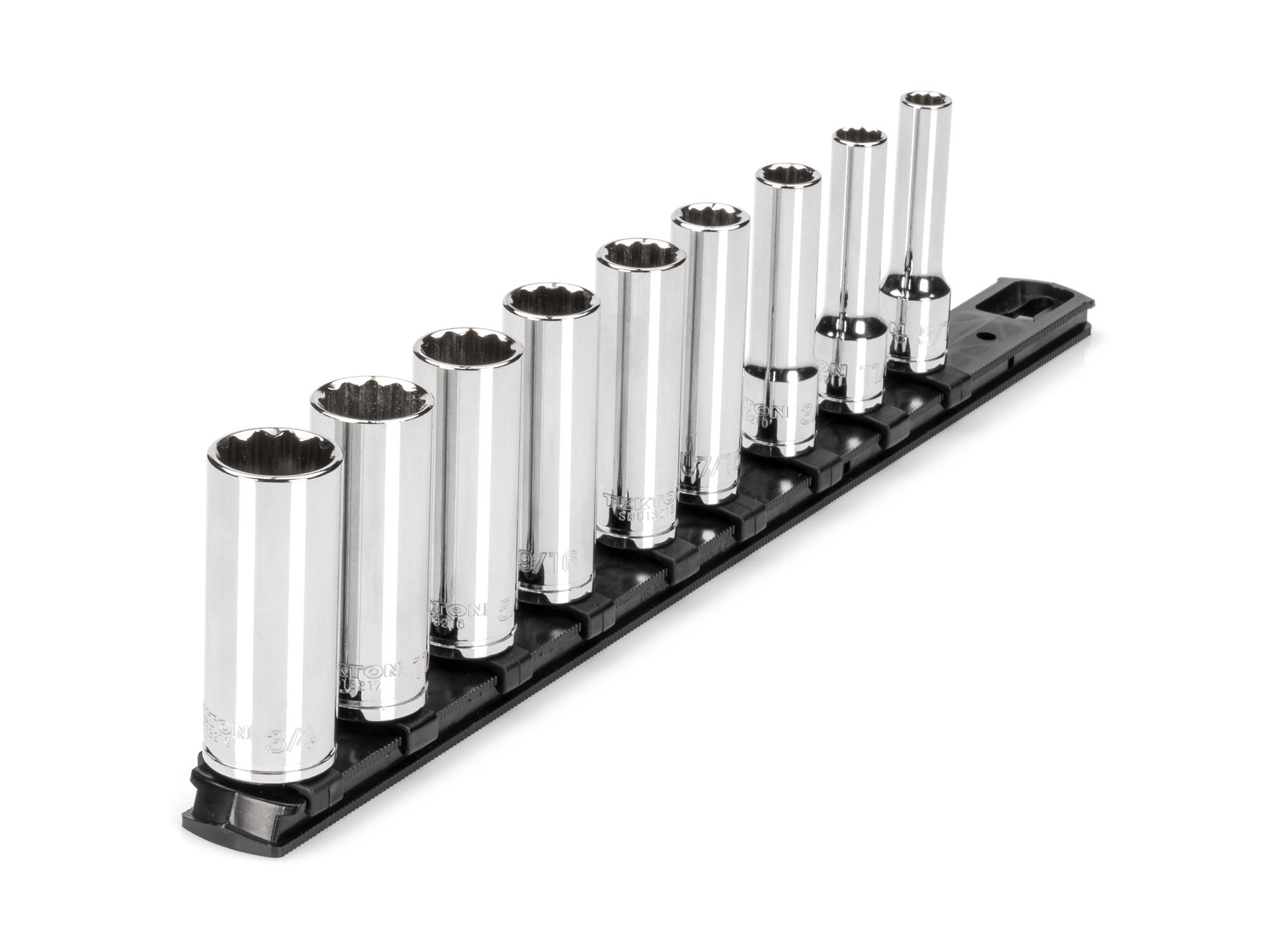 Front-right angle view of Tekton rail hand drive 12-point socket set. Item #SHD91107