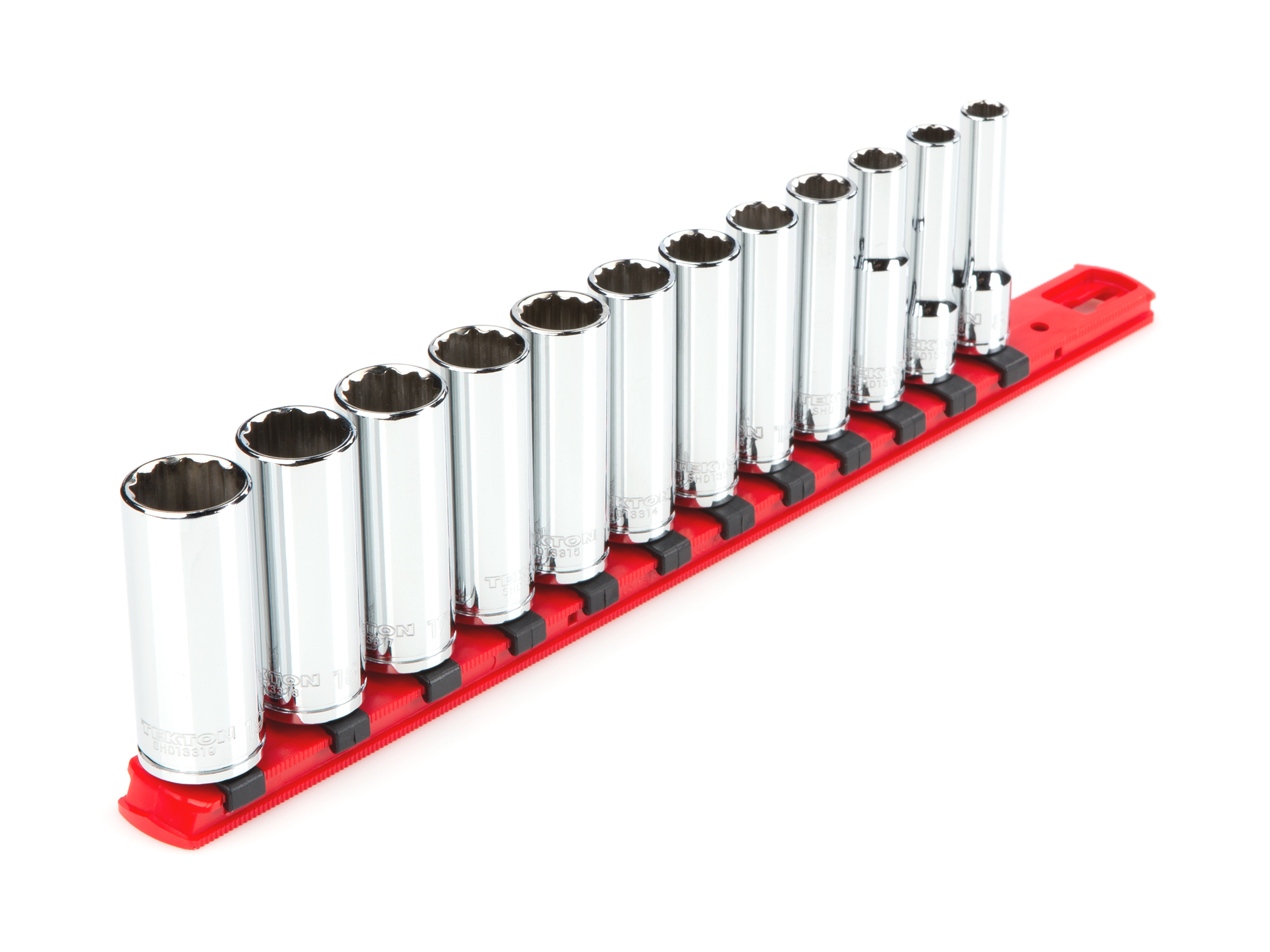 TEKTON 3/8 Inch Drive Deep 12-Point Socket Set with Rail, 12-Piece (8-19 mm)