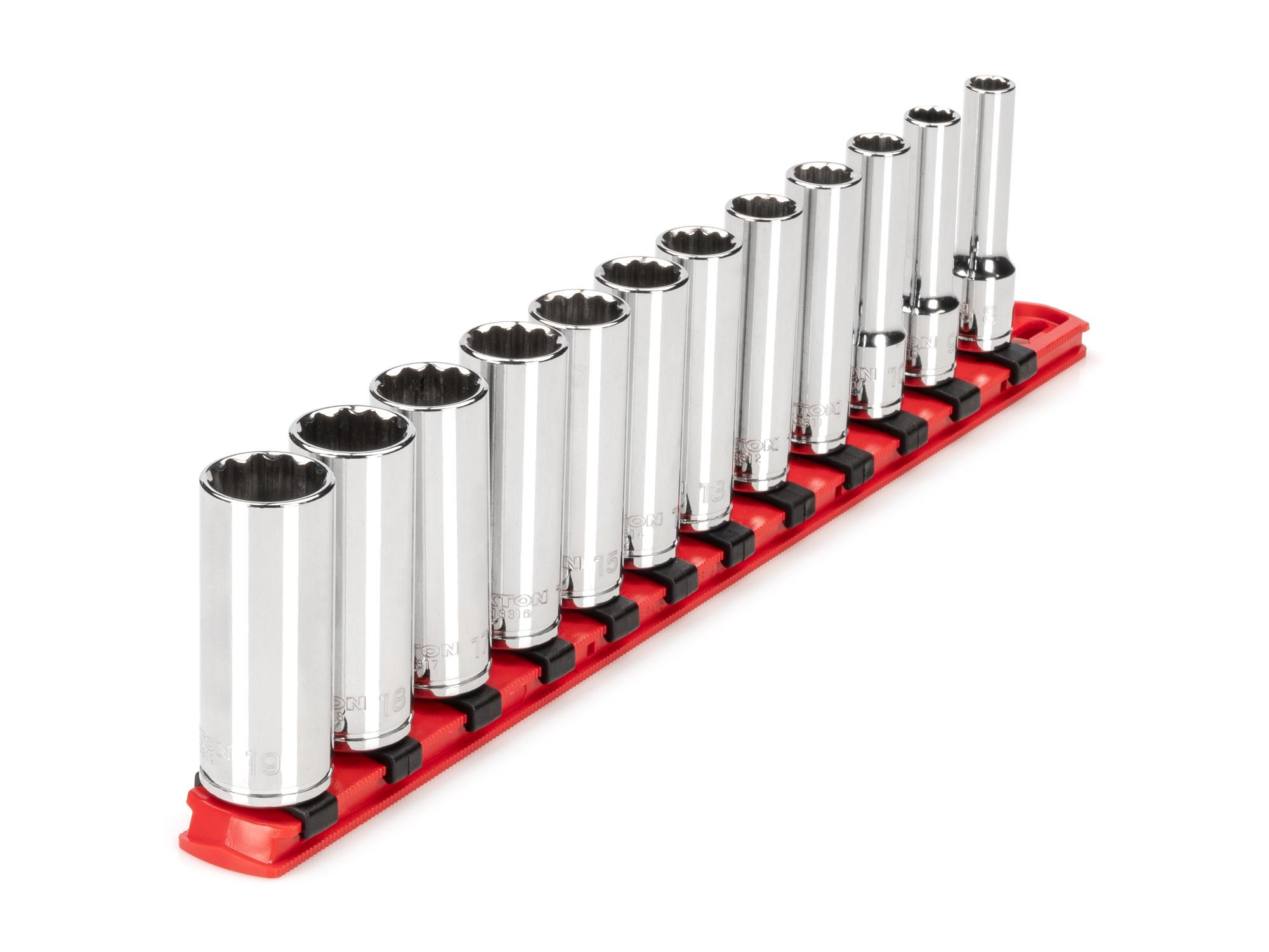 Front-right angle view of Tekton rail hand drive 12-point socket set. Item #SHD91108