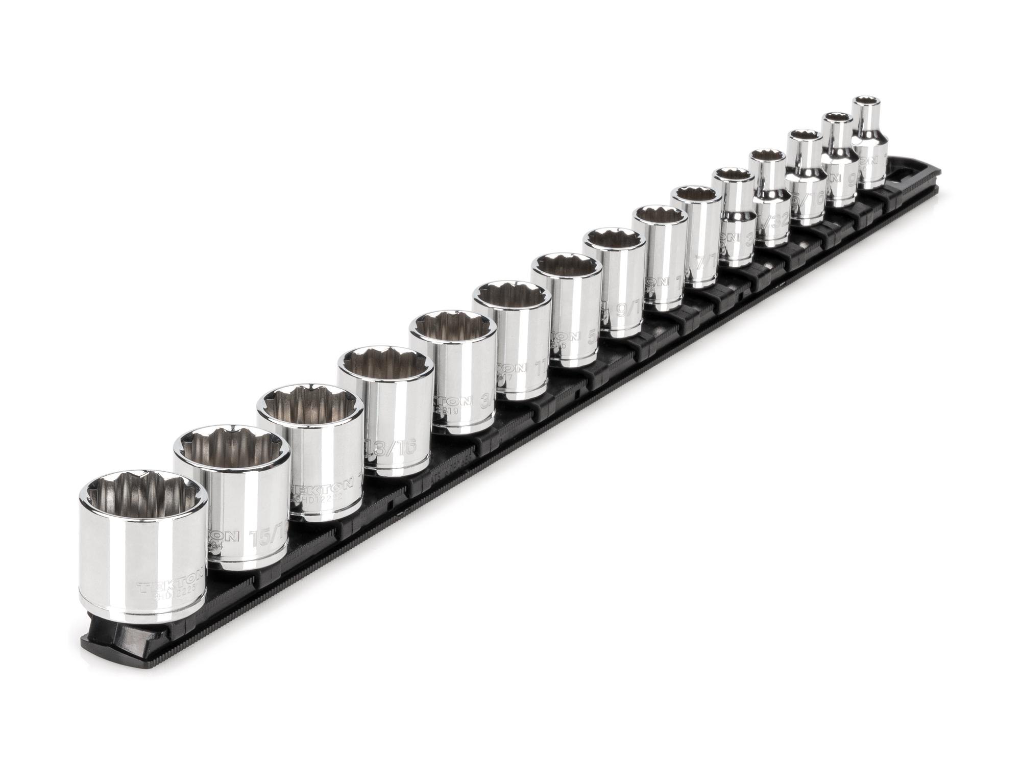 Front-right angle view of Tekton rail hand drive 12-point socket set. Item #SHD91111