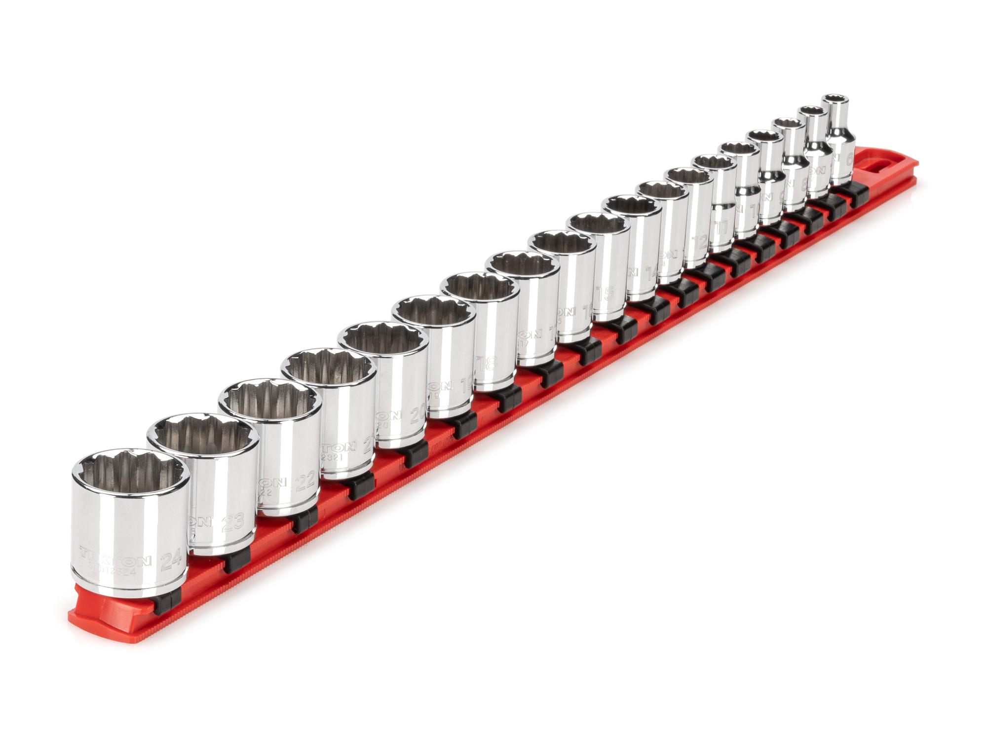 Front-right angle view of Tekton rail hand drive 12-point socket set. Item #SHD91112