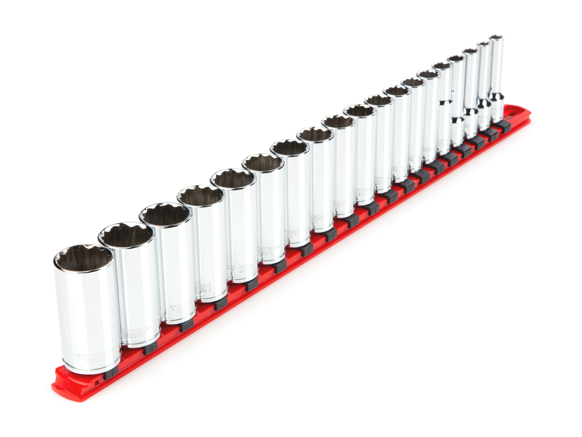 TEKTON 3/8 Inch Drive Deep 12-Point Socket Set with Rail, 19-Piece (6-24 mm)