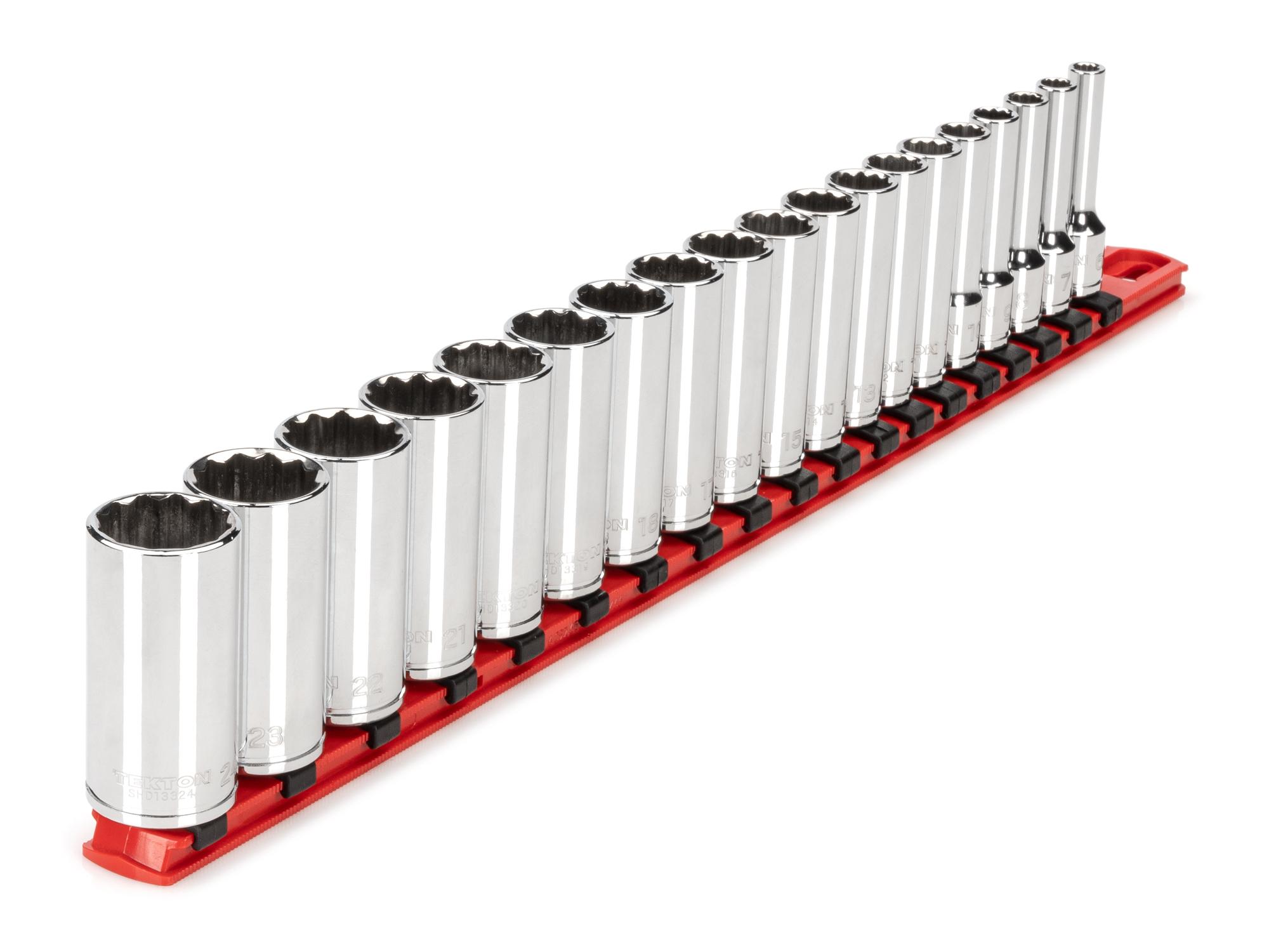 Front-right angle view of Tekton rail hand drive 12-point socket set. Item #SHD91116