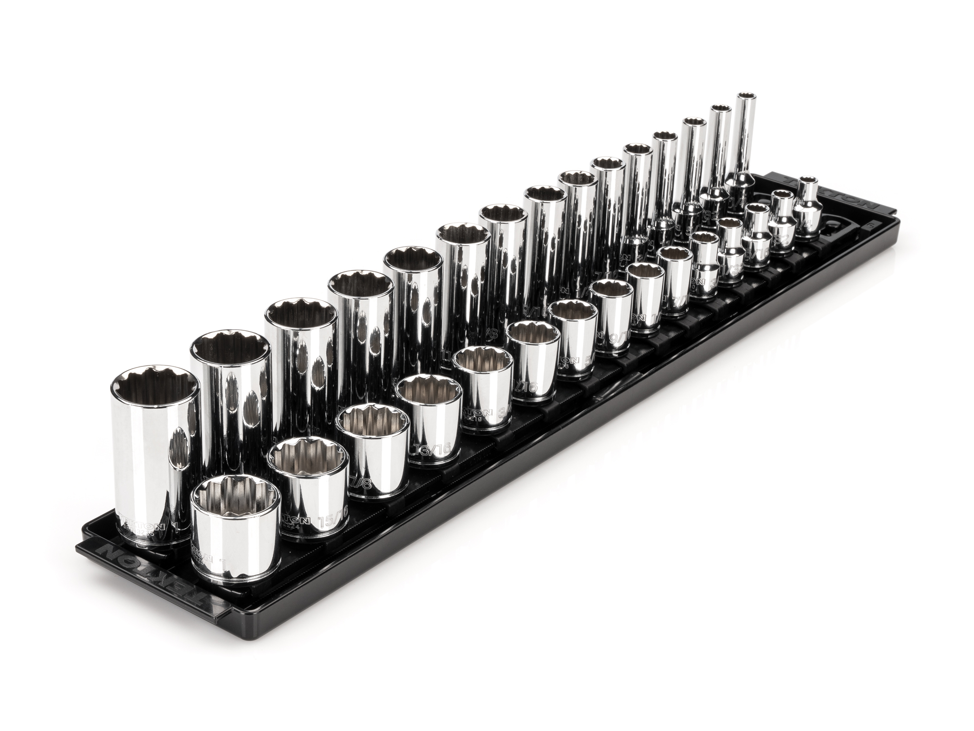 TEKTON 3/8 Inch Drive 12-Point Socket Set with Rails and Tray, 30-Piece (1/4-1 in.)