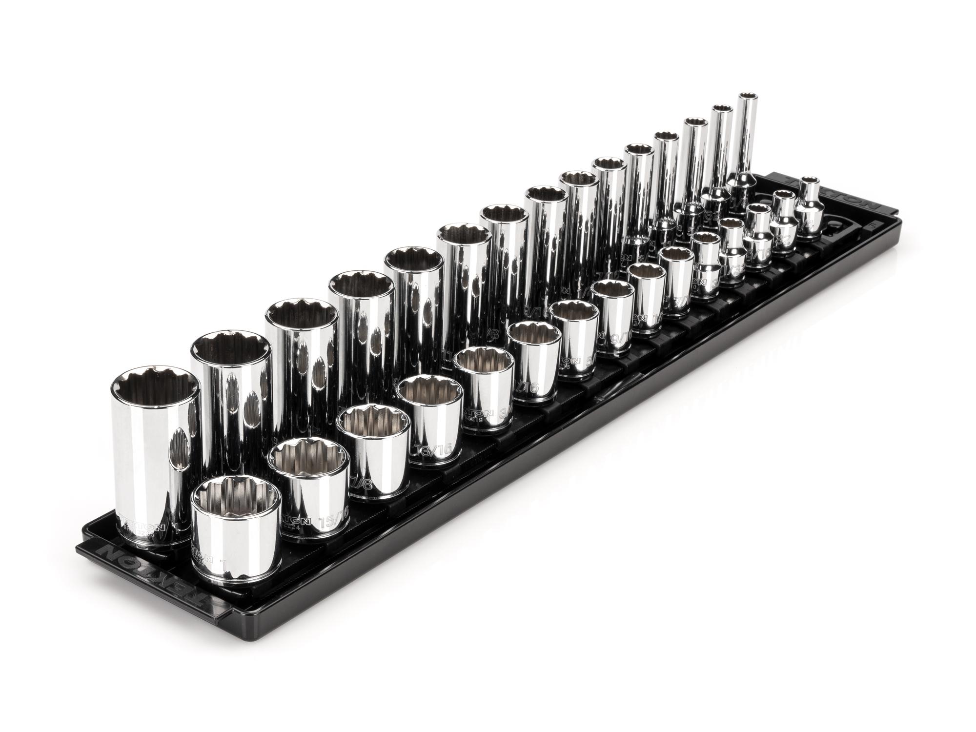Front-right angle view of Tekton rail and tray hand drive 12-point socket set. Item #SHD91210
