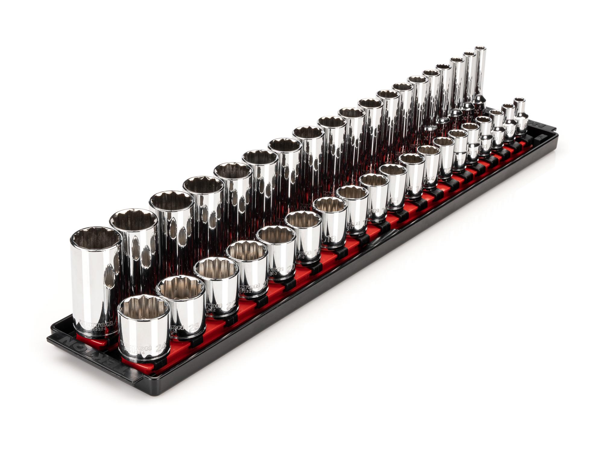 Front-right angle view of Tekton rail hand drive 12-point socket set. Item #SHD91212