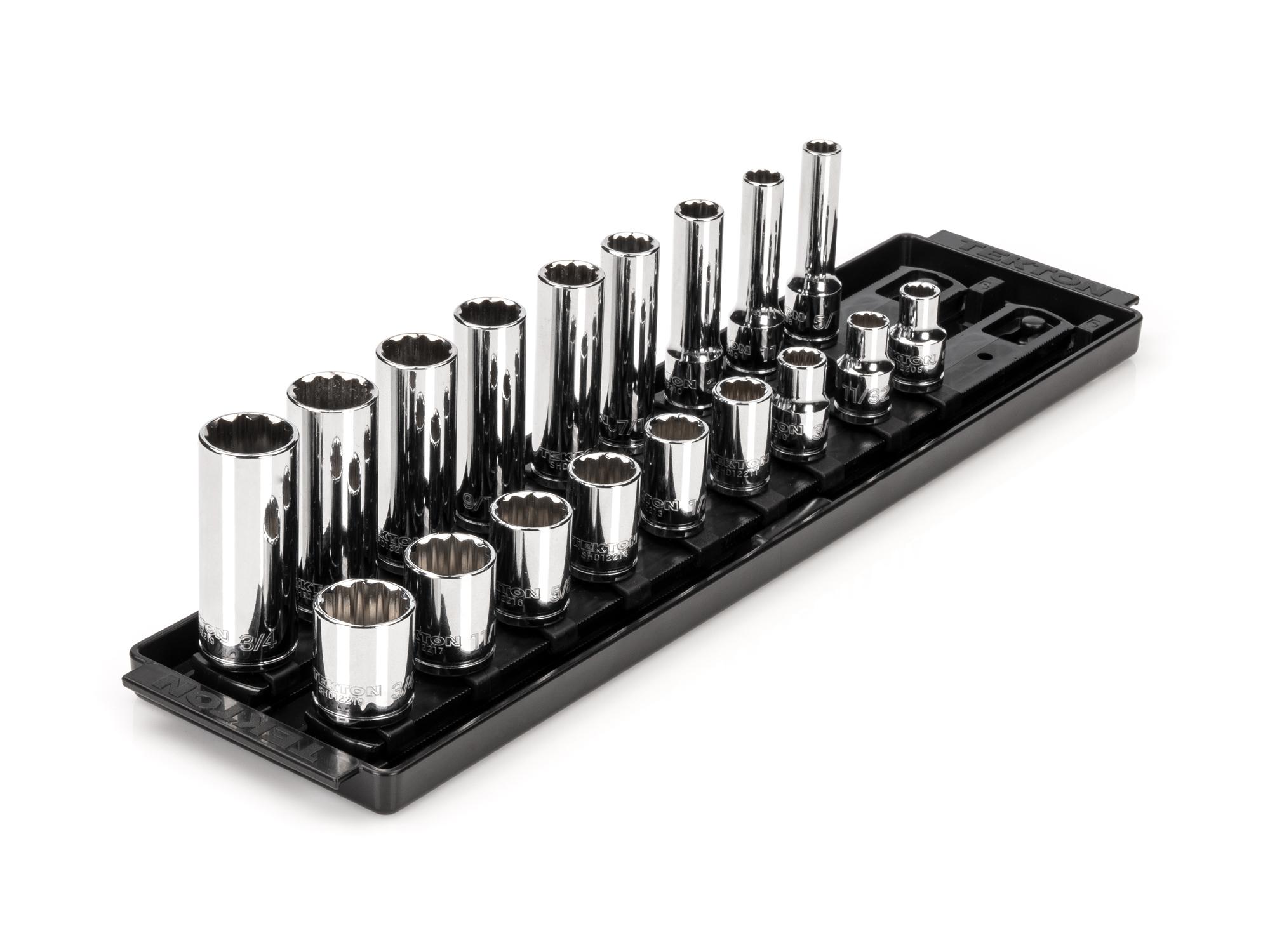 Front-right angle view of Tekton rail and tray hand drive 12-point socket set. Item #SHD91214