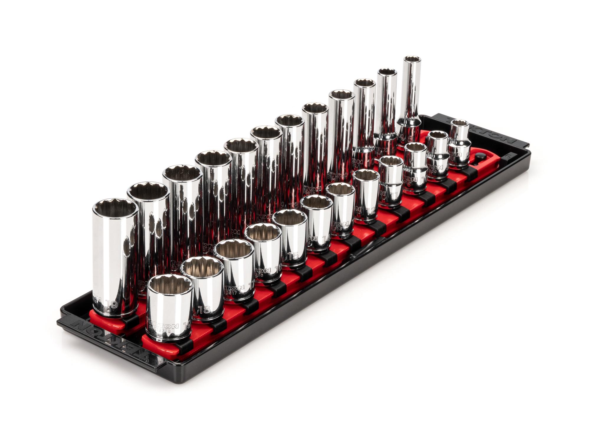 Front-right angle view of Tekton rail hand drive 12-point socket set. Item #SHD91216