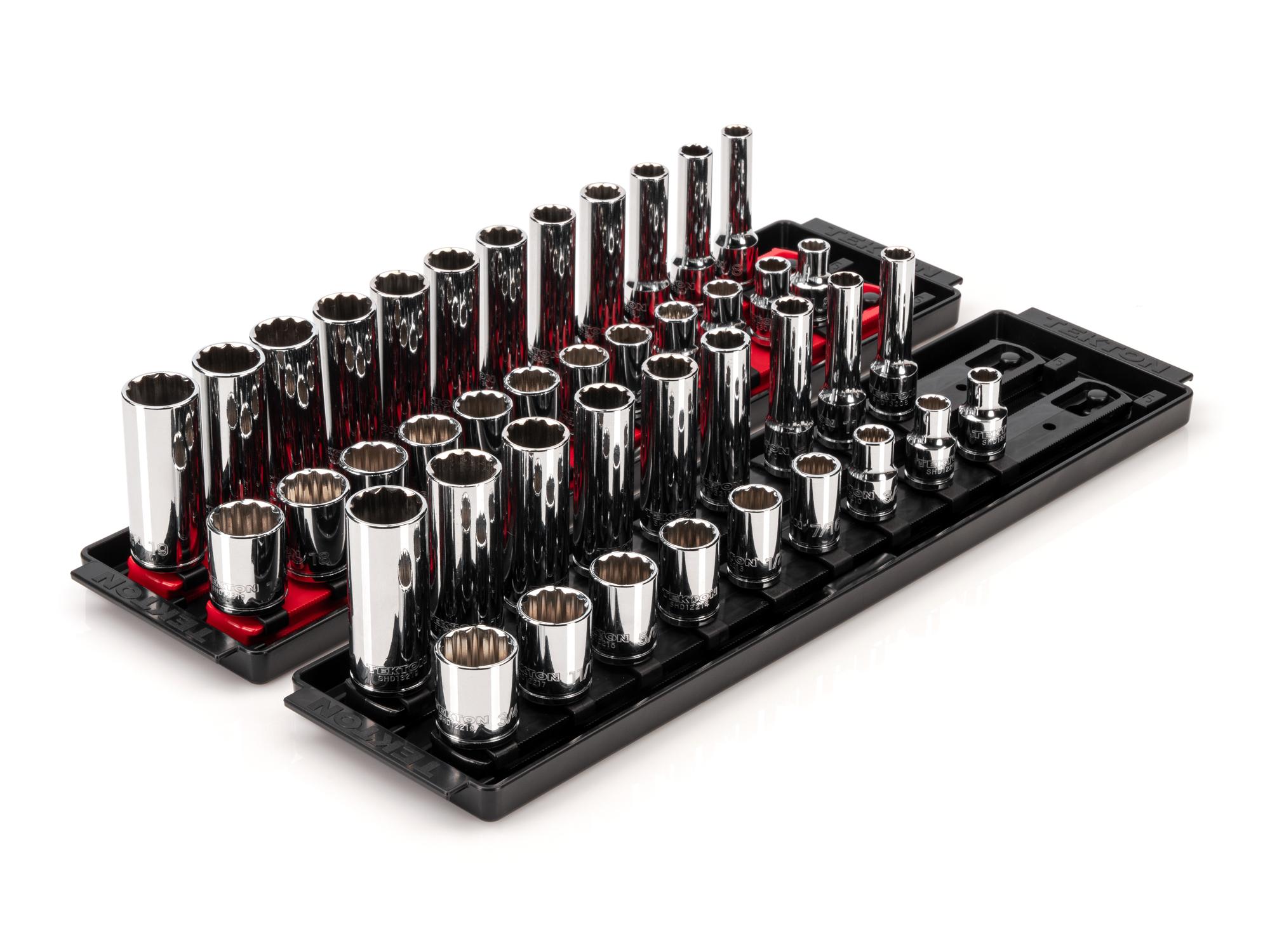 Front-right angle view of Tekton rail hand drive 12-point socket set. Item #SHD91219