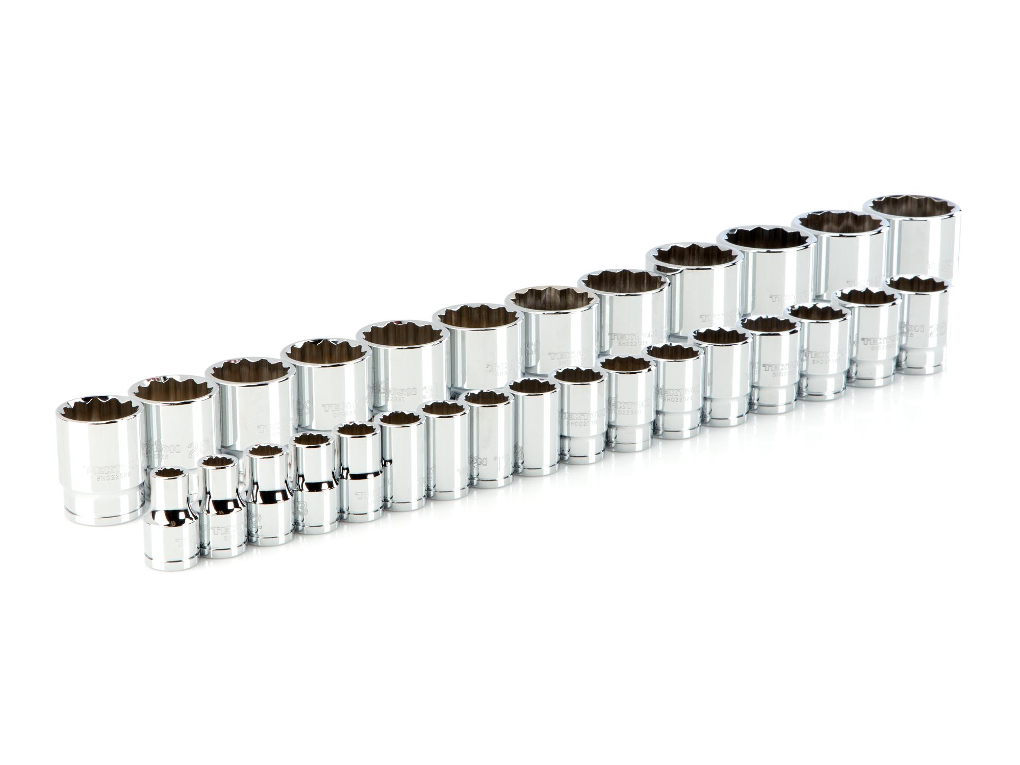 Front-right angle view of Tekton hand drive 12-point socket set. Item #SHD92012