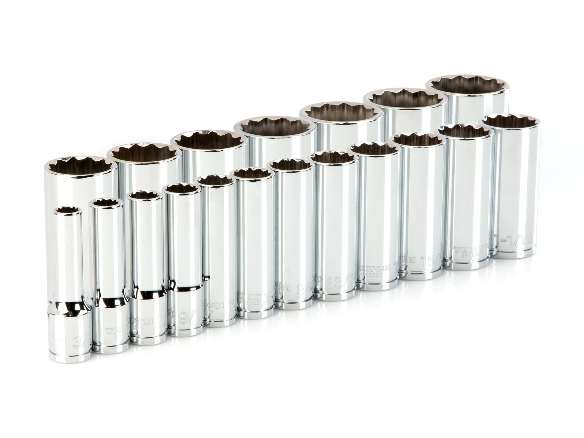 Front-right angle view of Tekton hand drive 12-point socket set. Item #SHD92015